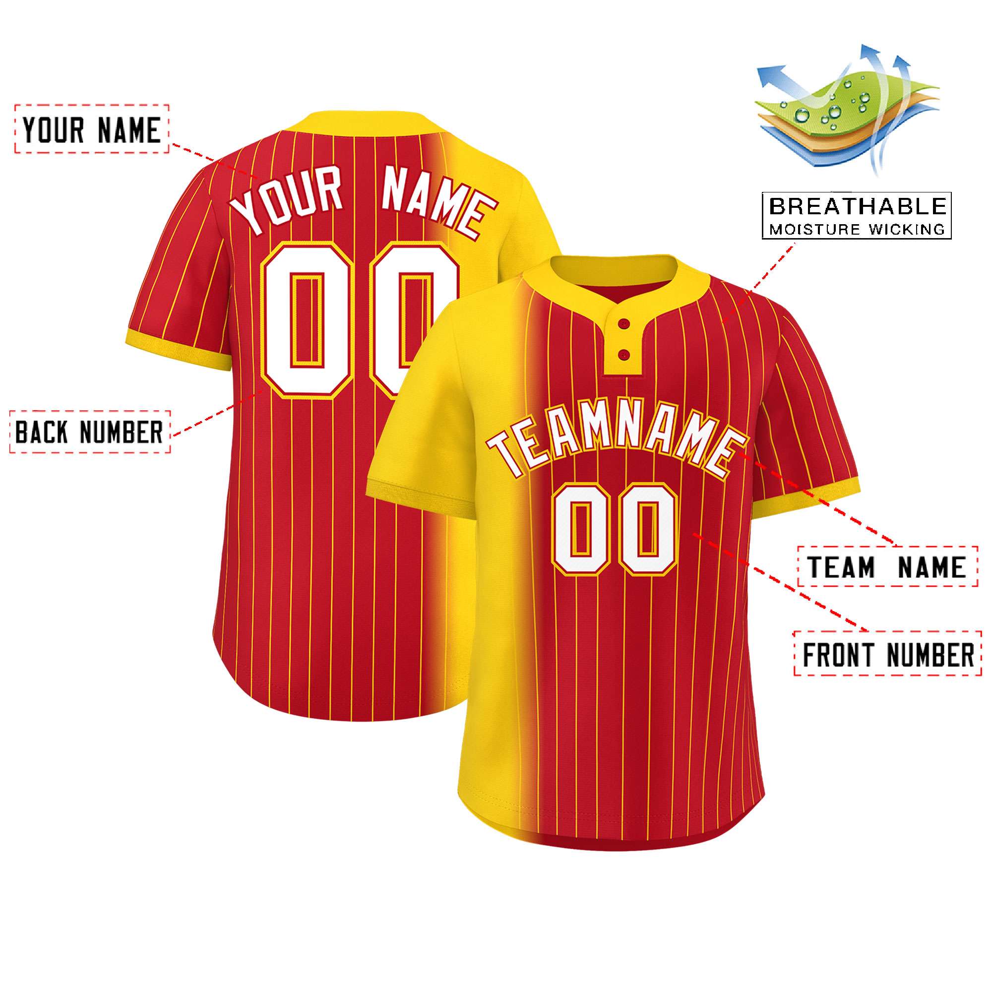 Custom Gold Red Gradient Stripe Fashion Authentic Two-Button Softball Jersey