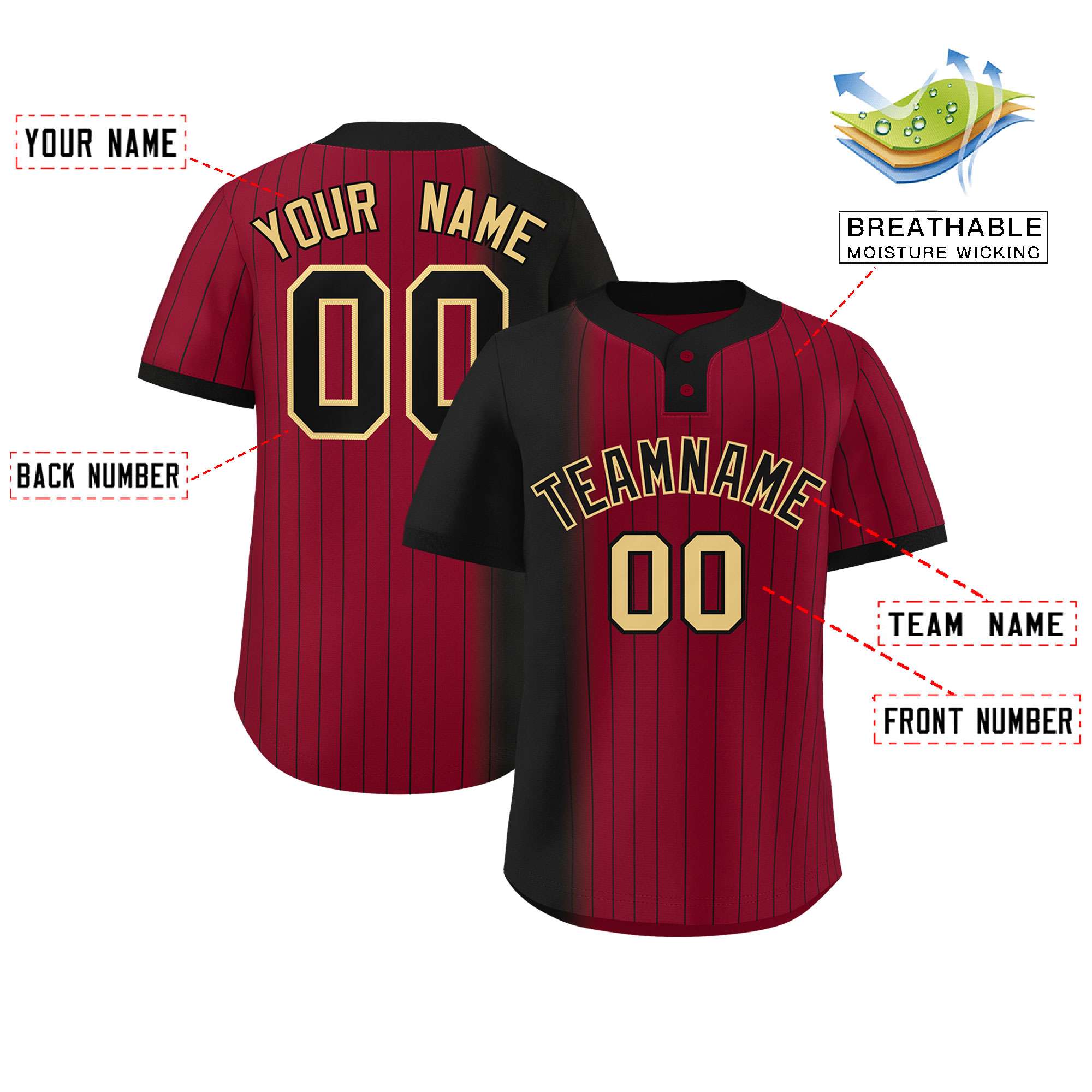 Custom Black Crimson Gradient Stripe Fashion Authentic Two-Button Softball Jersey