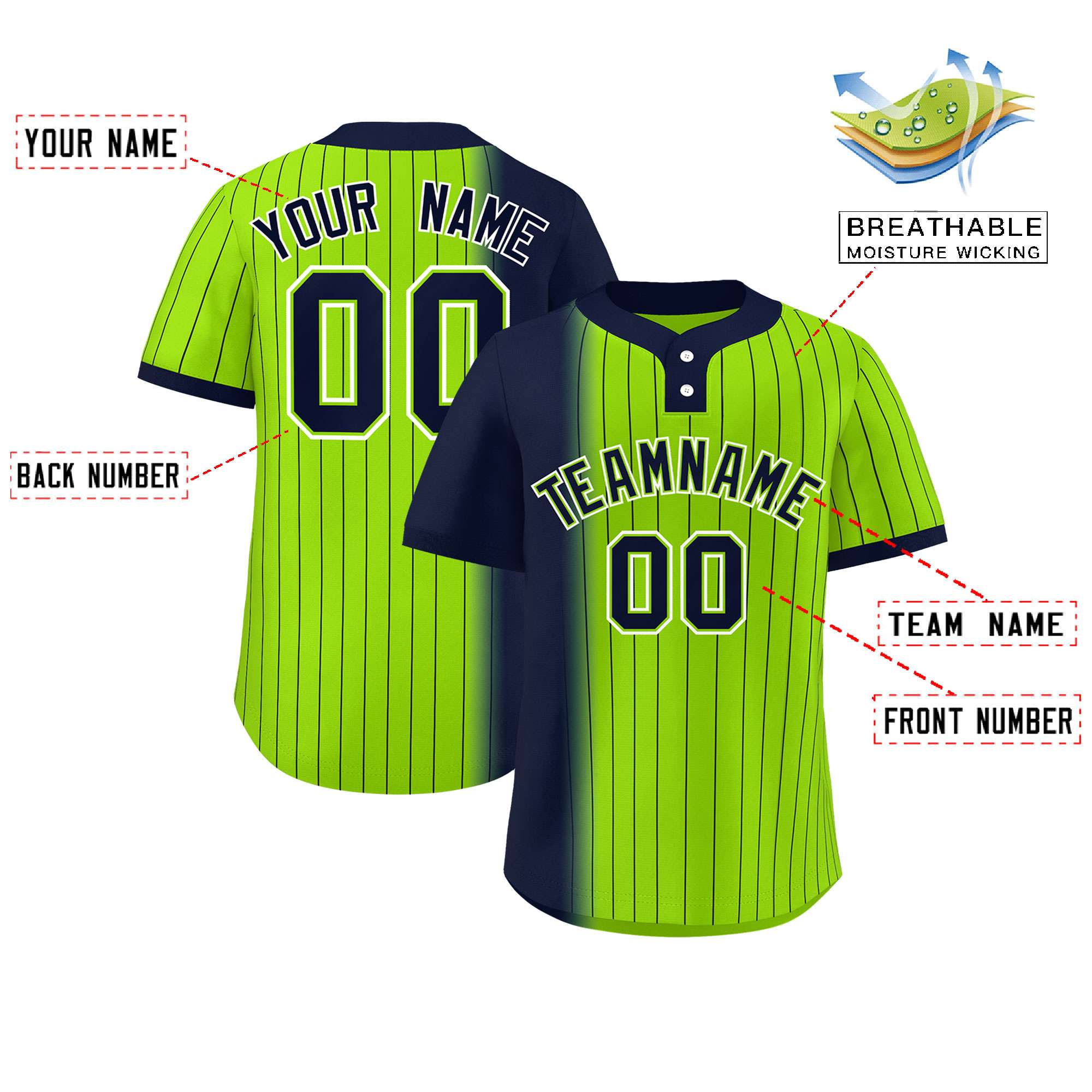 Custom Navy Neon Green Gradient Stripe Fashion Authentic Two-Button Softball Jersey