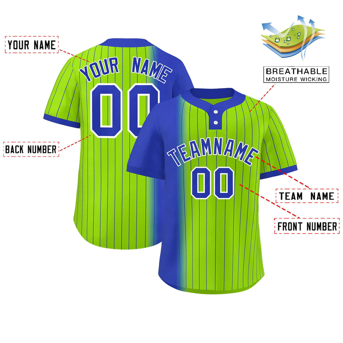 Custom Royal Neon Green Gradient Stripe Fashion Authentic Two-Button Softball Jersey