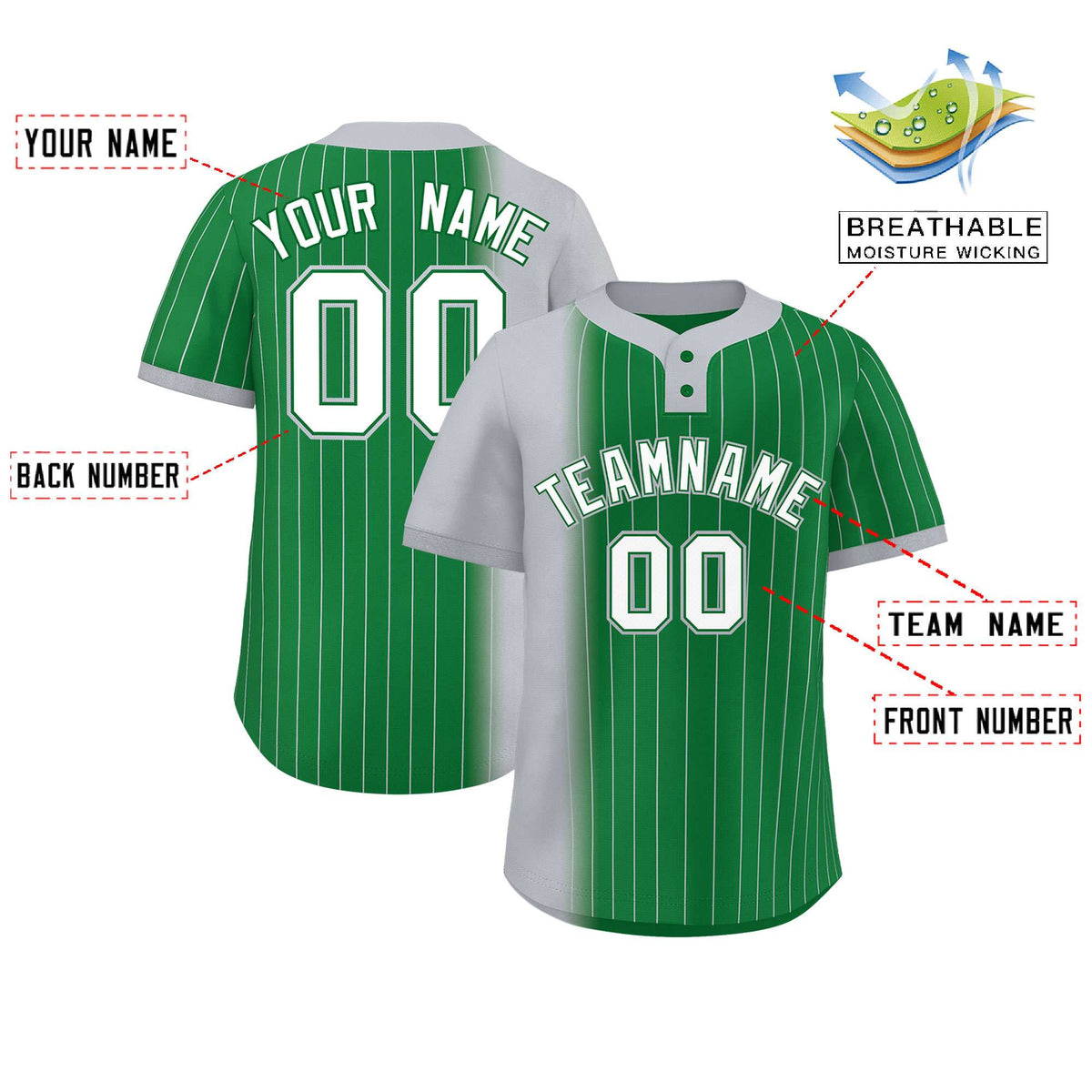 Custom Gray Kelly Green Gradient Stripe Fashion Authentic Two-Button Softball Jersey