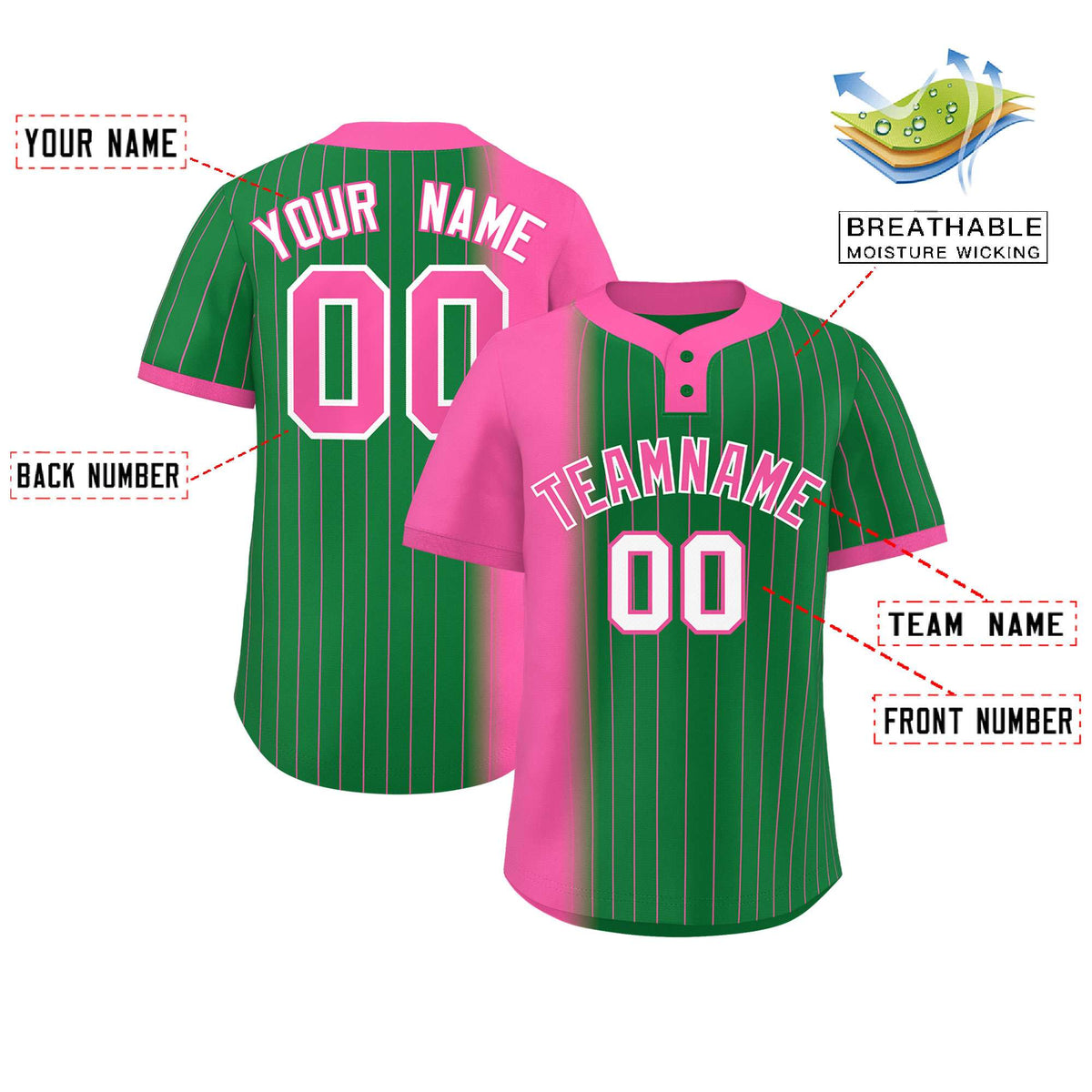 Custom Pink Kelly Green Gradient Stripe Fashion Authentic Two-Button Softball Jersey