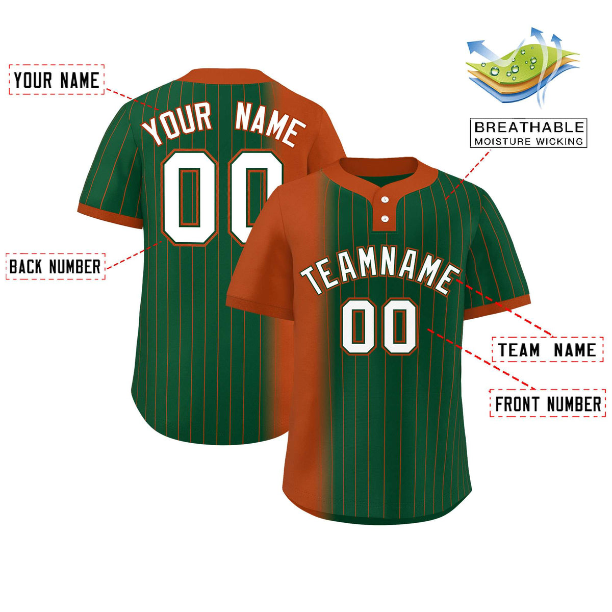 Custom Texas Orange Green Gradient Stripe Fashion Authentic Two-Button Softball Jersey