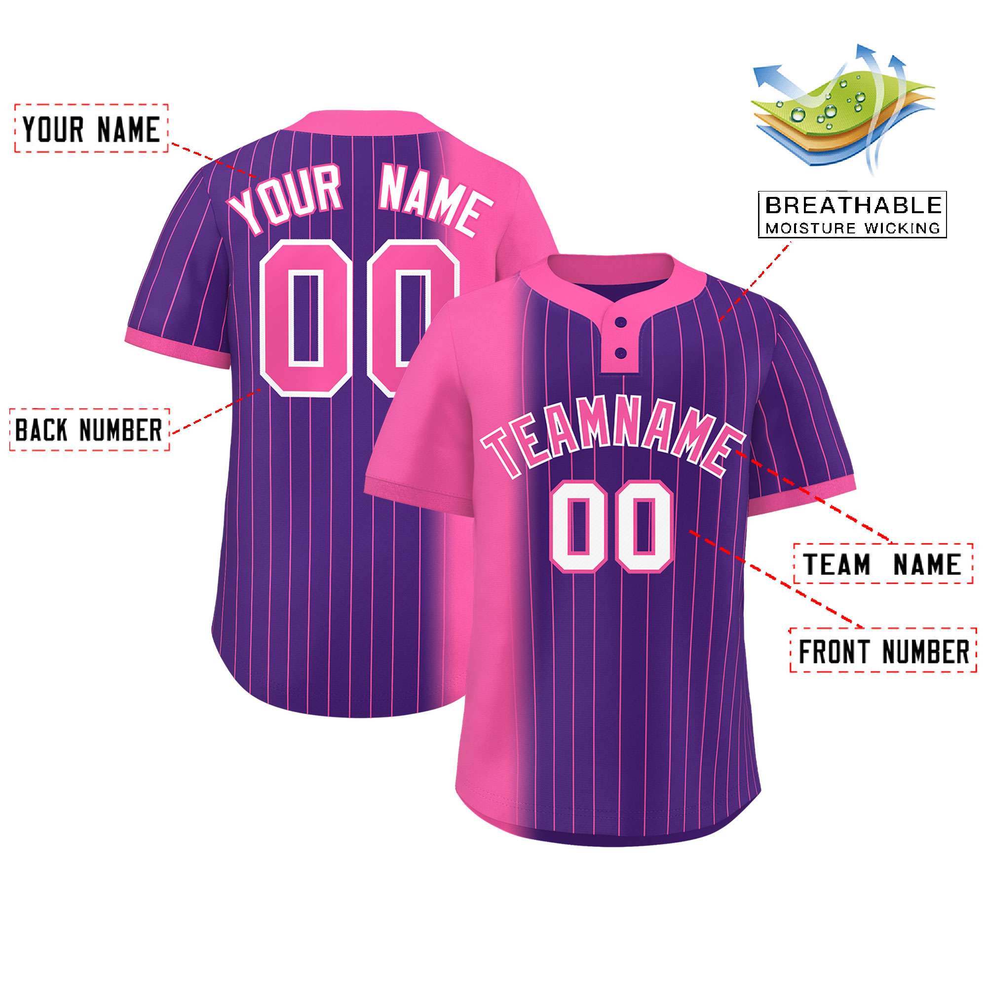 Custom Pink Purple Gradient Stripe Fashion Authentic Two-Button Softball Jersey