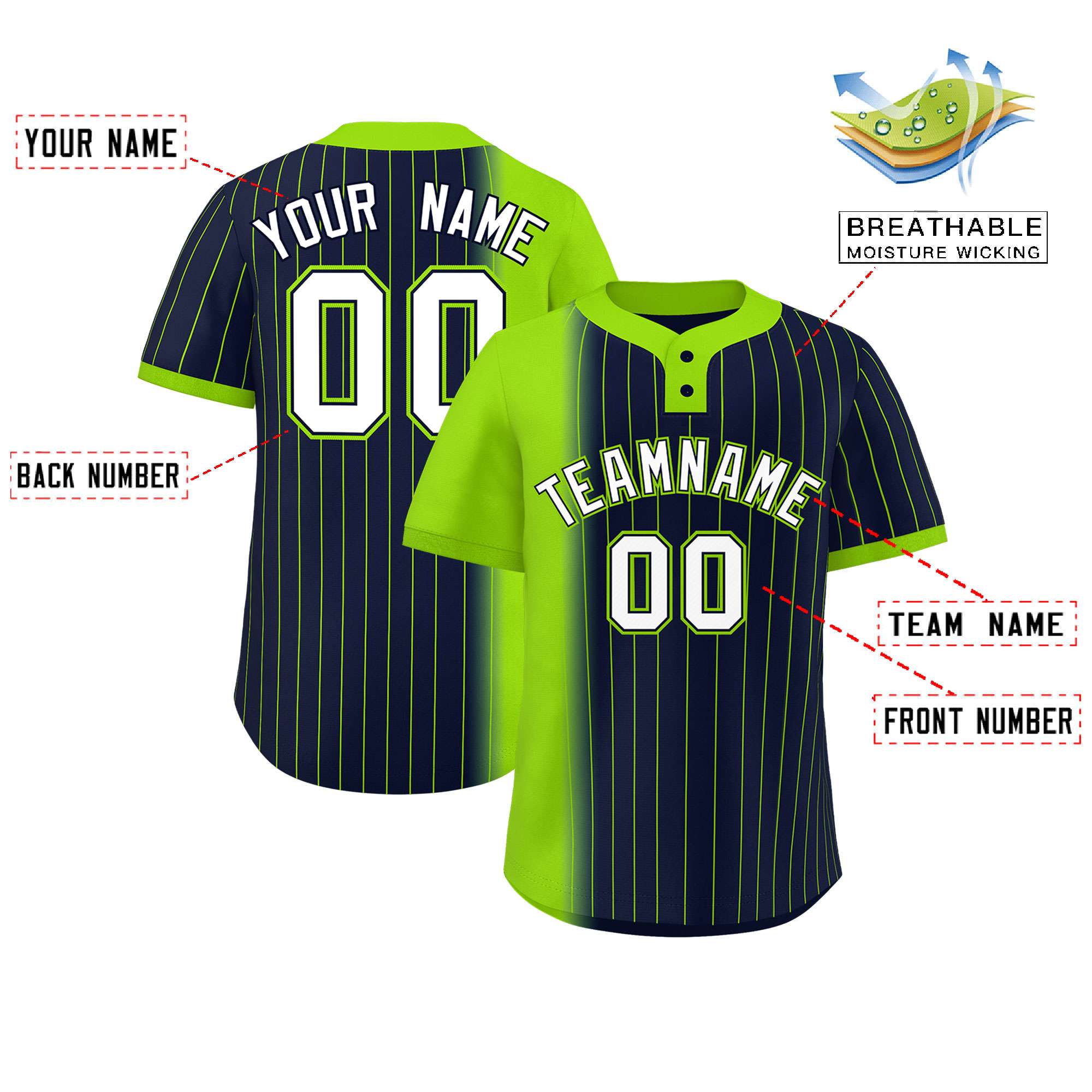 Custom Neon Green Navy Gradient Stripe Fashion Authentic Two-Button Softball Jersey