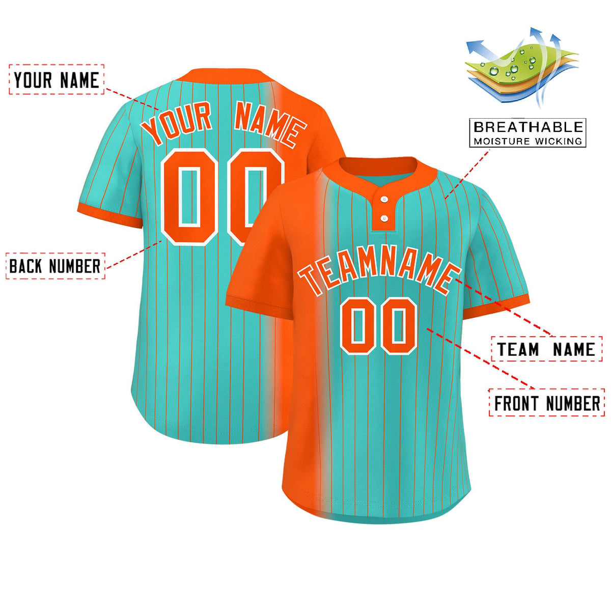 Custom Orange Aqua Gradient Stripe Fashion Authentic Two-Button Softball Jersey