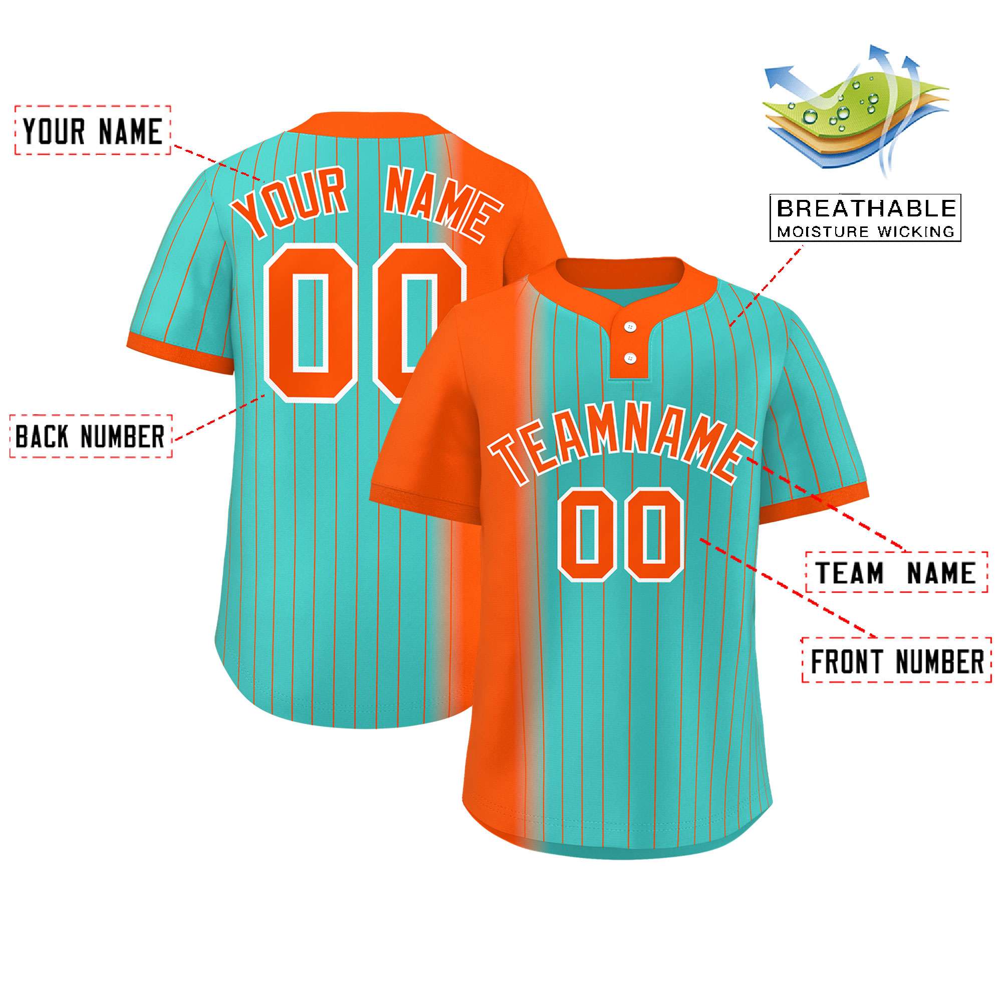 Custom Orange Aqua Gradient Stripe Fashion Authentic Two-Button Softball Jersey
