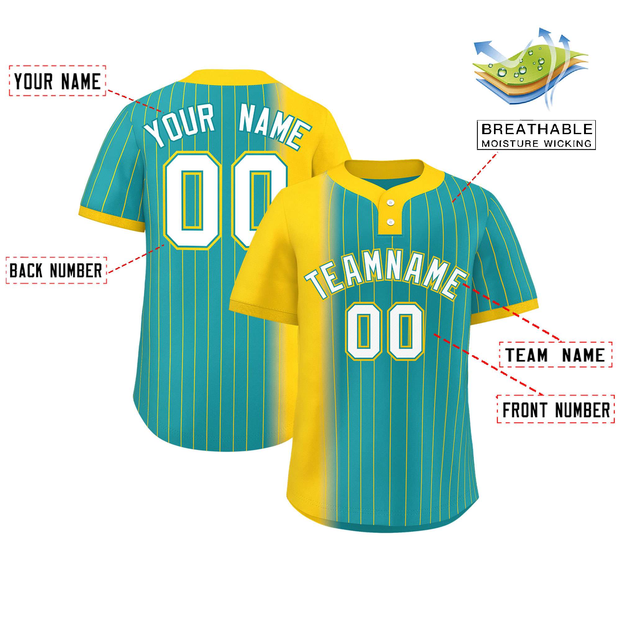 Custom Gold Aqua Gradient Stripe Fashion Authentic Two-Button Softball Jersey