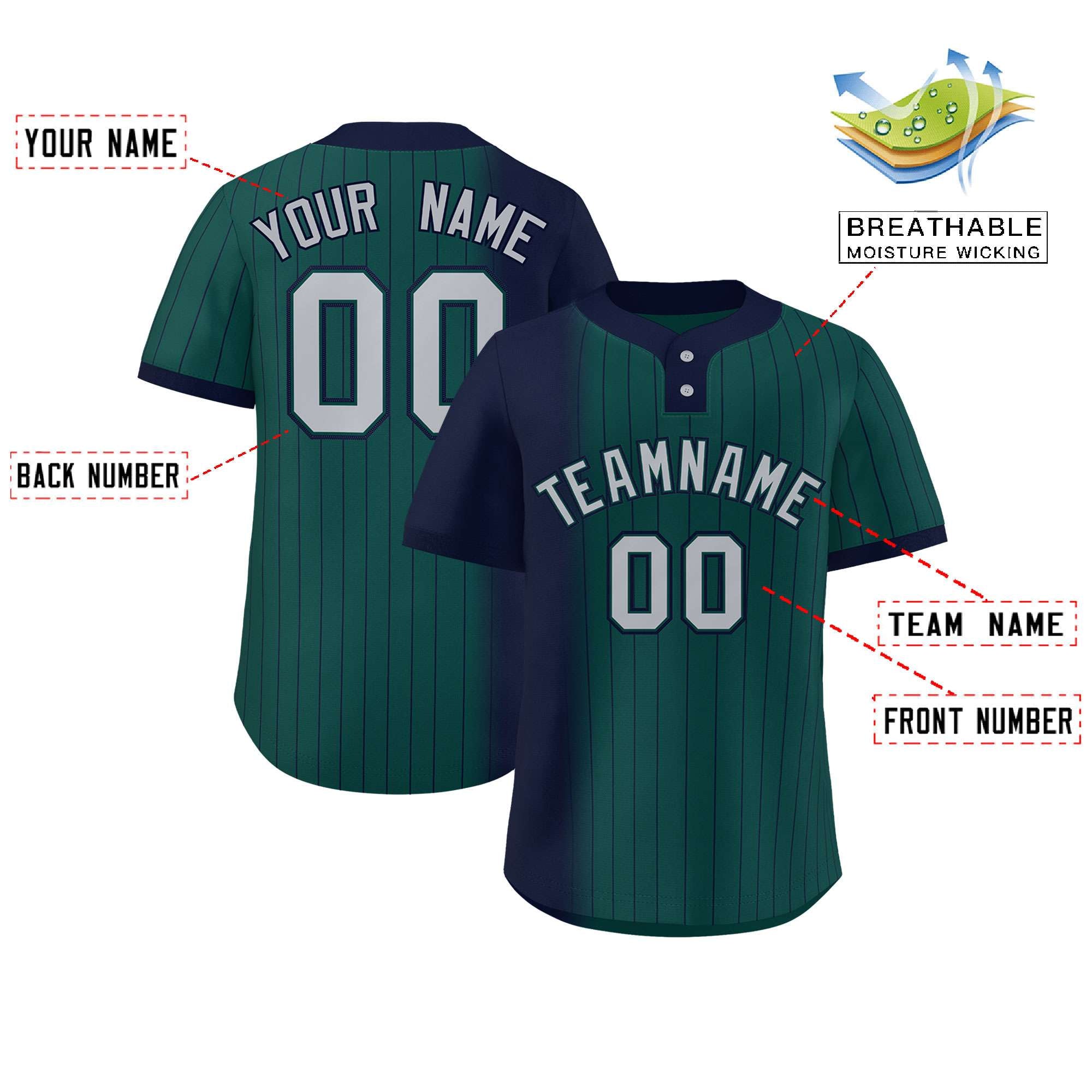 Custom Navy Midnight Green Gradient Stripe Fashion Authentic Two-Button Softball Jersey