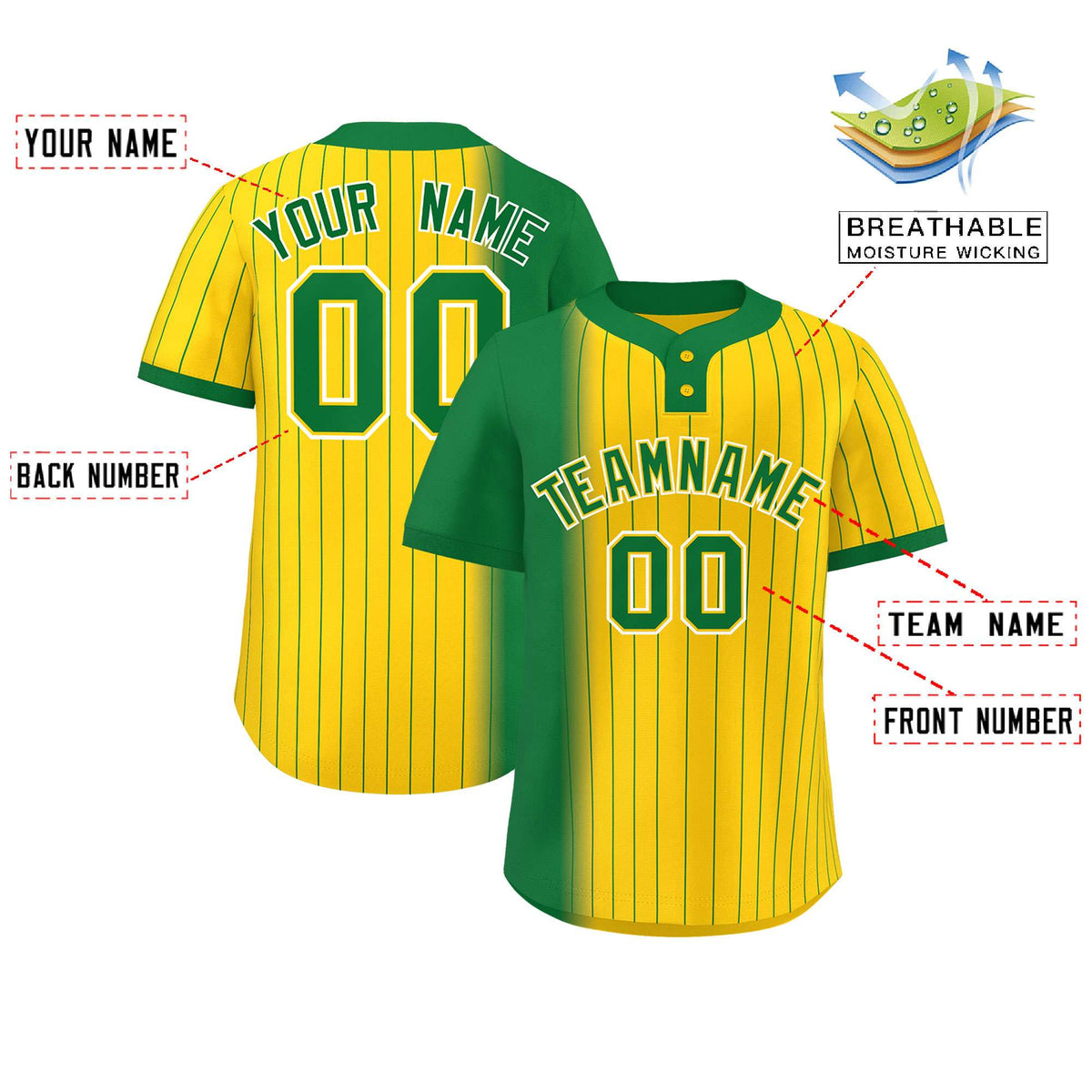 Custom Kelly Green Gold Gradient Stripe Fashion Authentic Two-Button Softball Jersey