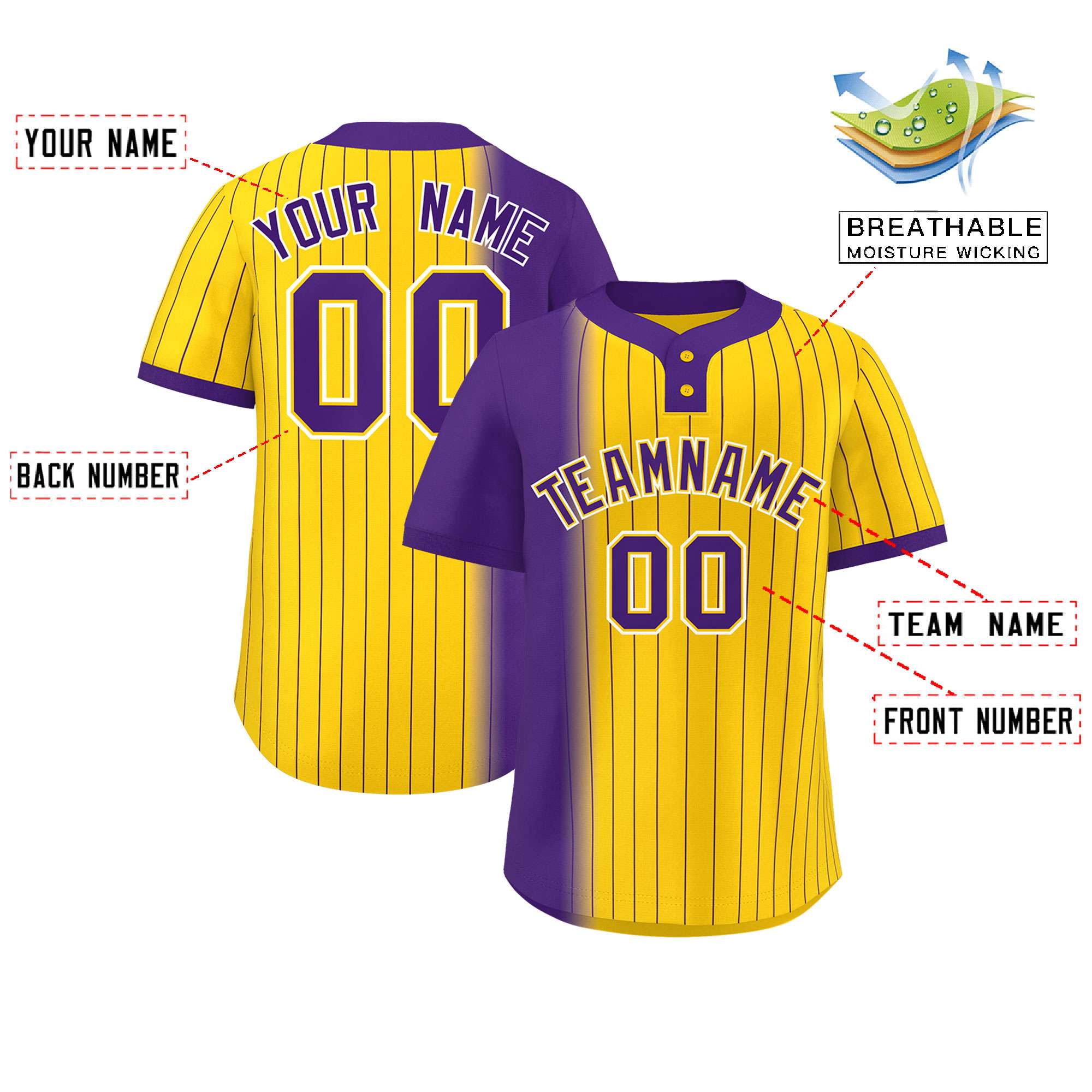 Custom Purple Gold Gradient Stripe Fashion Authentic Two-Button Softball Jersey