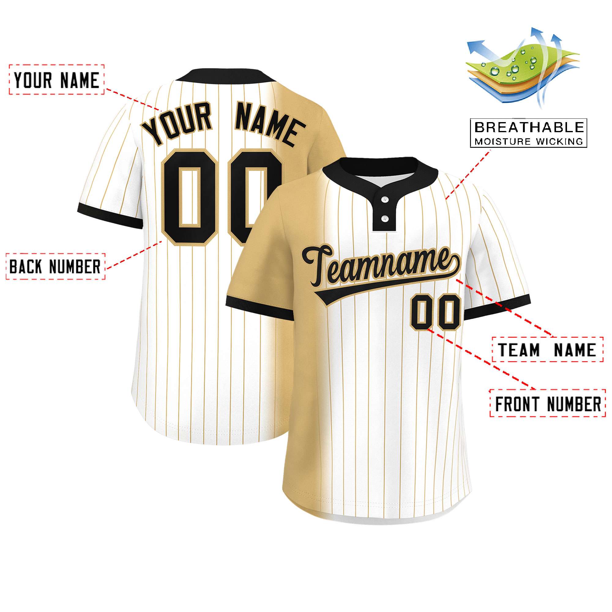 Custom Old Gold White-Black Gradient Stripe Fashion Authentic Two-Button Softball Jersey
