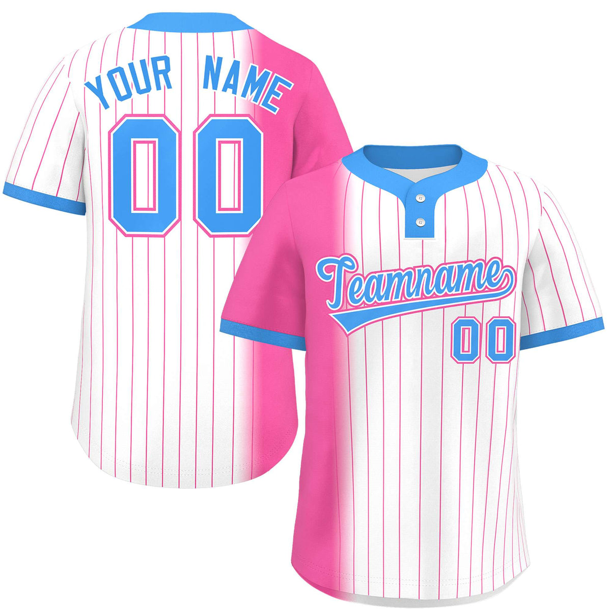 Custom Pink White-Powder Blue Gradient Stripe Fashion Authentic Two-Button Softball Jersey