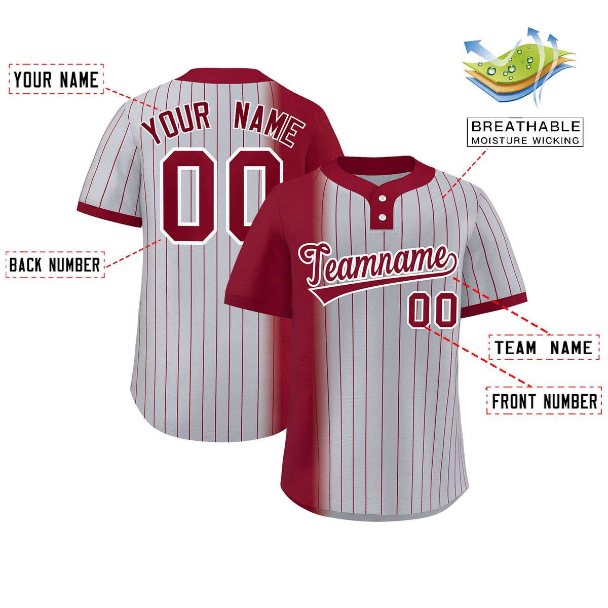 Custom Crimson Gray Gradient Stripe Fashion Authentic Two-Button Softball Jersey