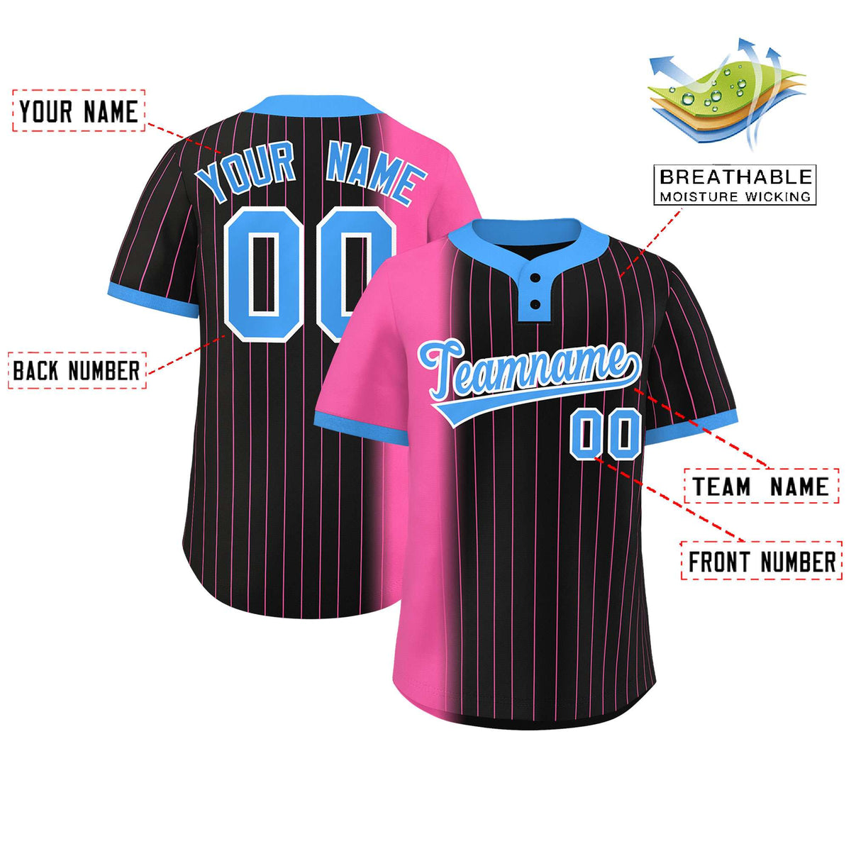 Custom Pink Black-Powder Blue Gradient Stripe Fashion Authentic Two-Button Softball Jersey