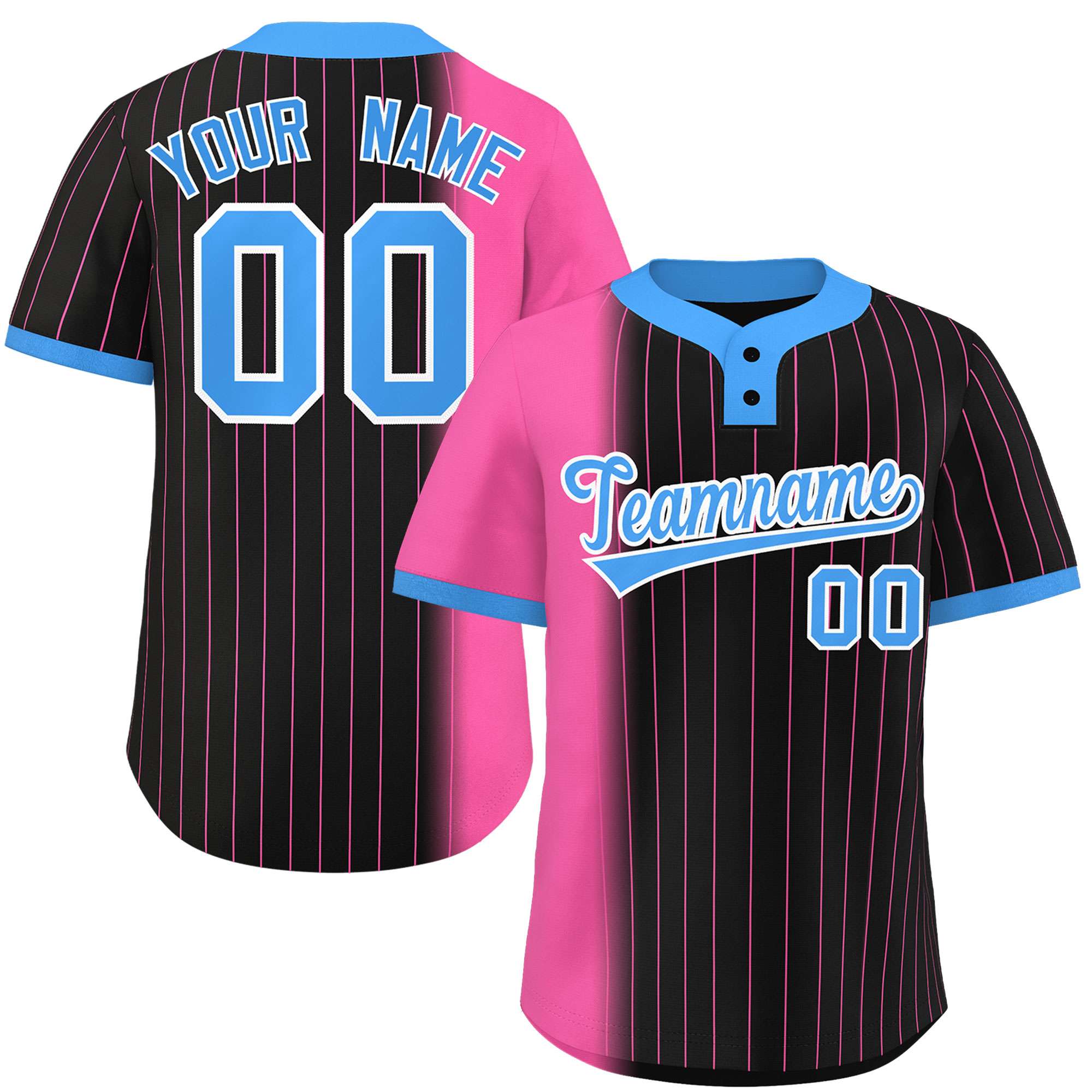 Custom Pink Black-Powder Blue Gradient Stripe Fashion Authentic Two-Button Softball Jersey