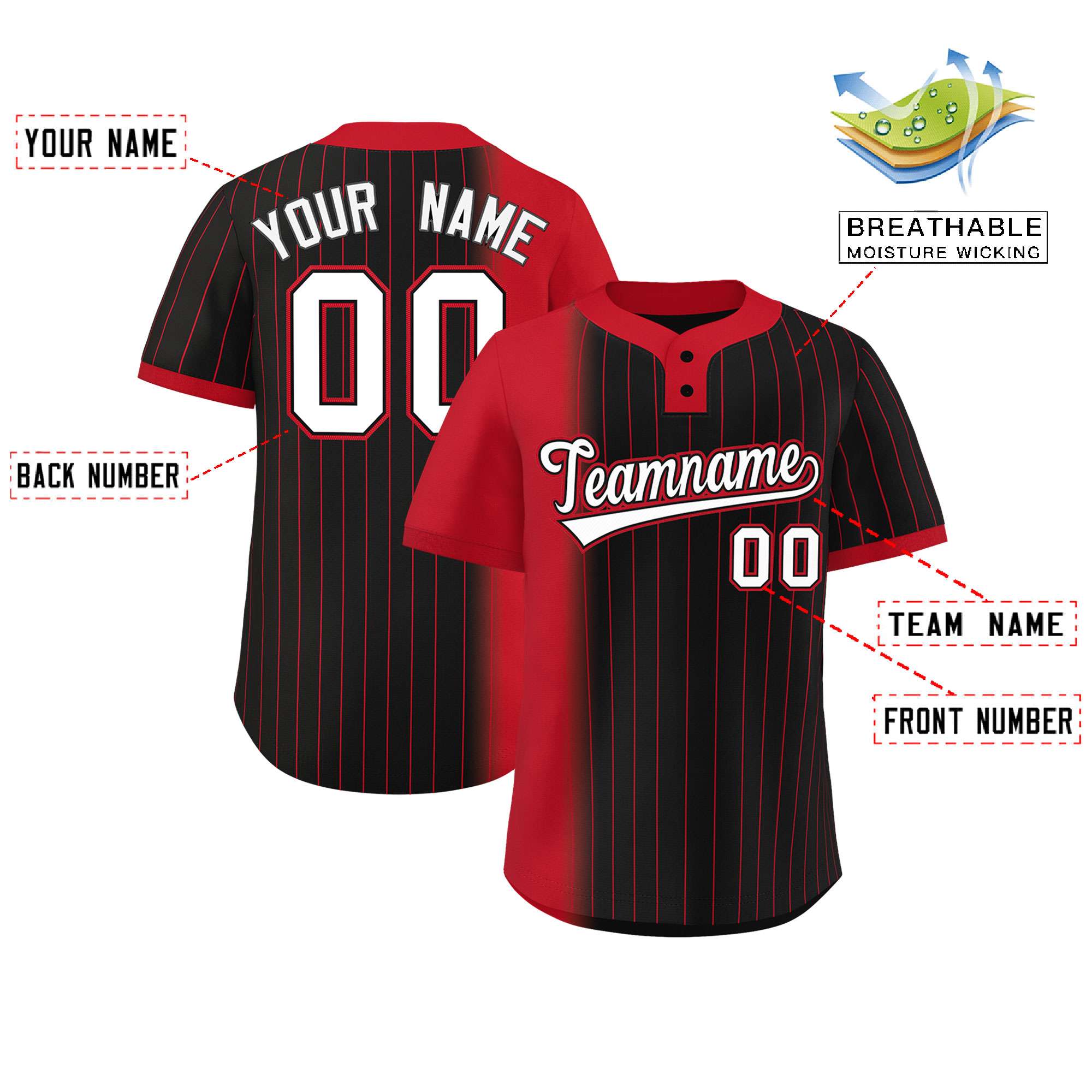 Custom Red Black Gradient Stripe Fashion Authentic Two-Button Softball Jersey