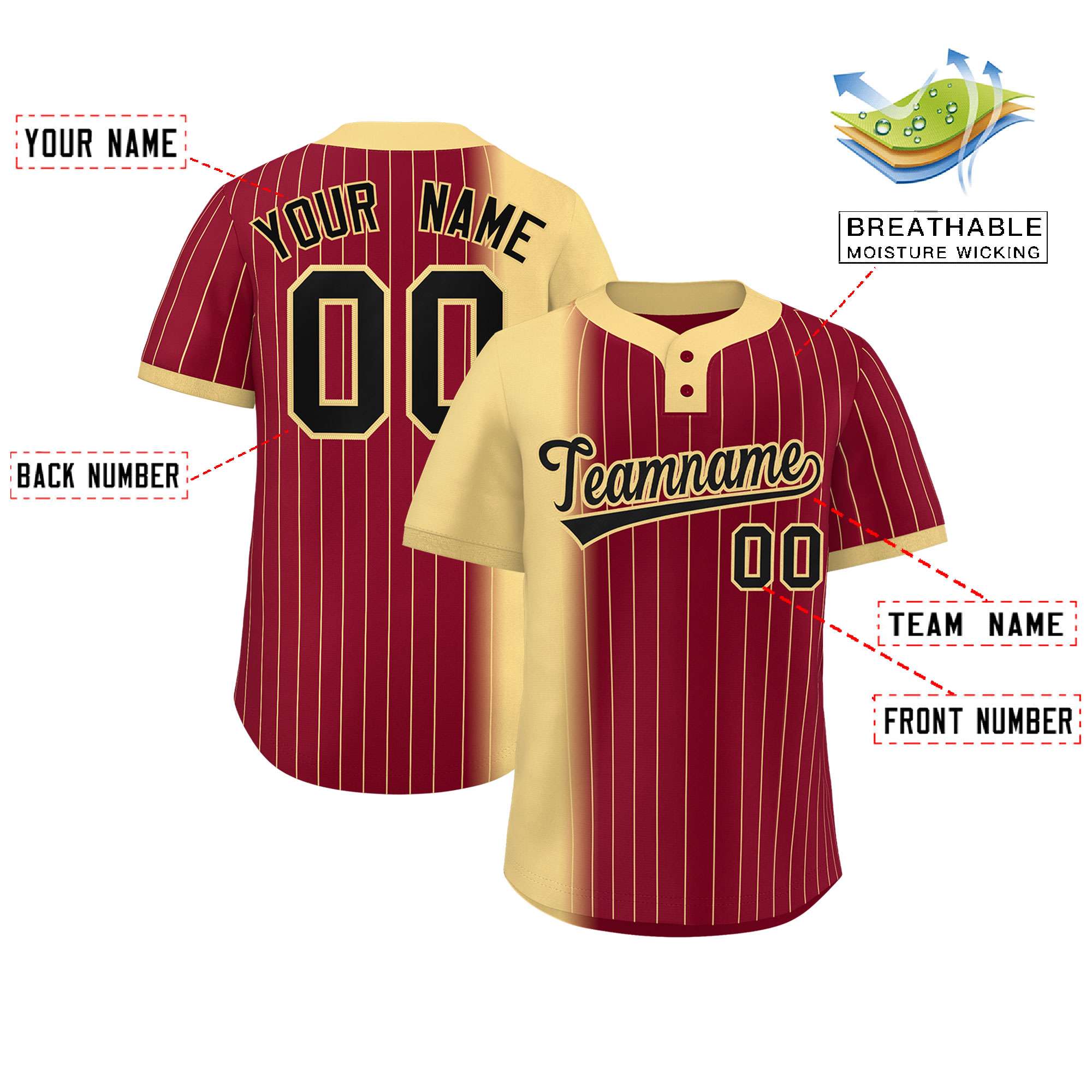 Custom Khaki Crimson Gradient Stripe Fashion Authentic Two-Button Softball Jersey