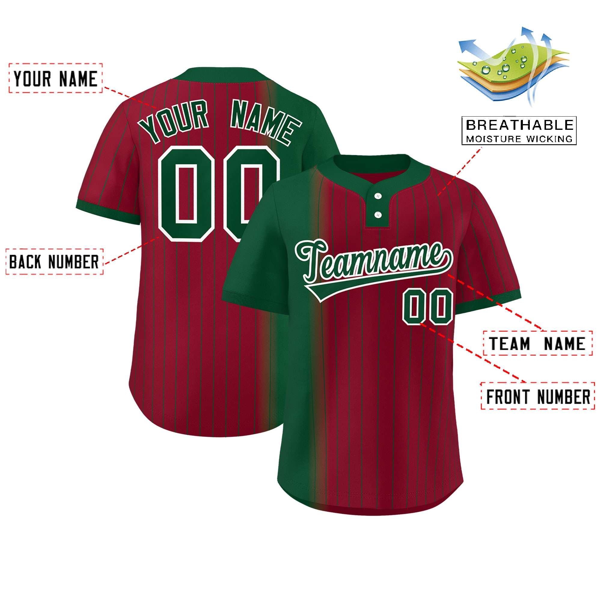 Custom Green Crimson Gradient Stripe Fashion Authentic Two-Button Softball Jersey