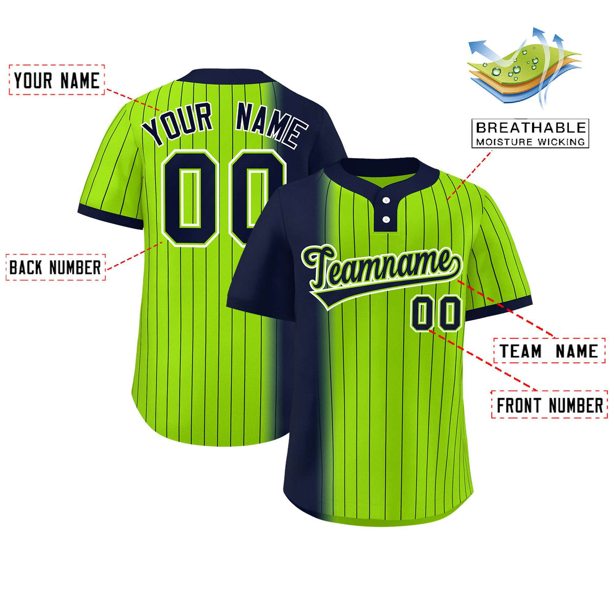 Custom Navy Neon Green Gradient Stripe Fashion Authentic Two-Button Softball Jersey