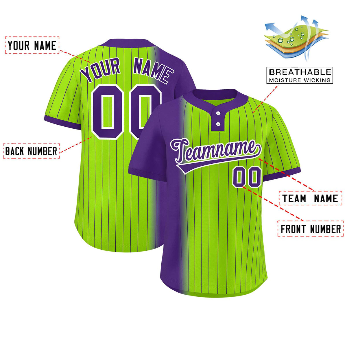 Custom Purple Neon Green Gradient Stripe Fashion Authentic Two-Button Softball Jersey