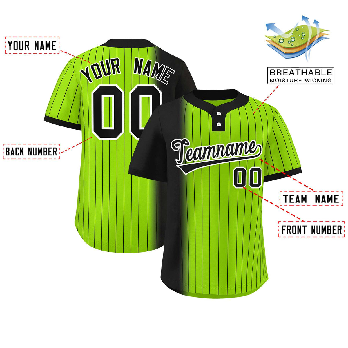 Custom Black Neon Green Gradient Stripe Fashion Authentic Two-Button Softball Jersey