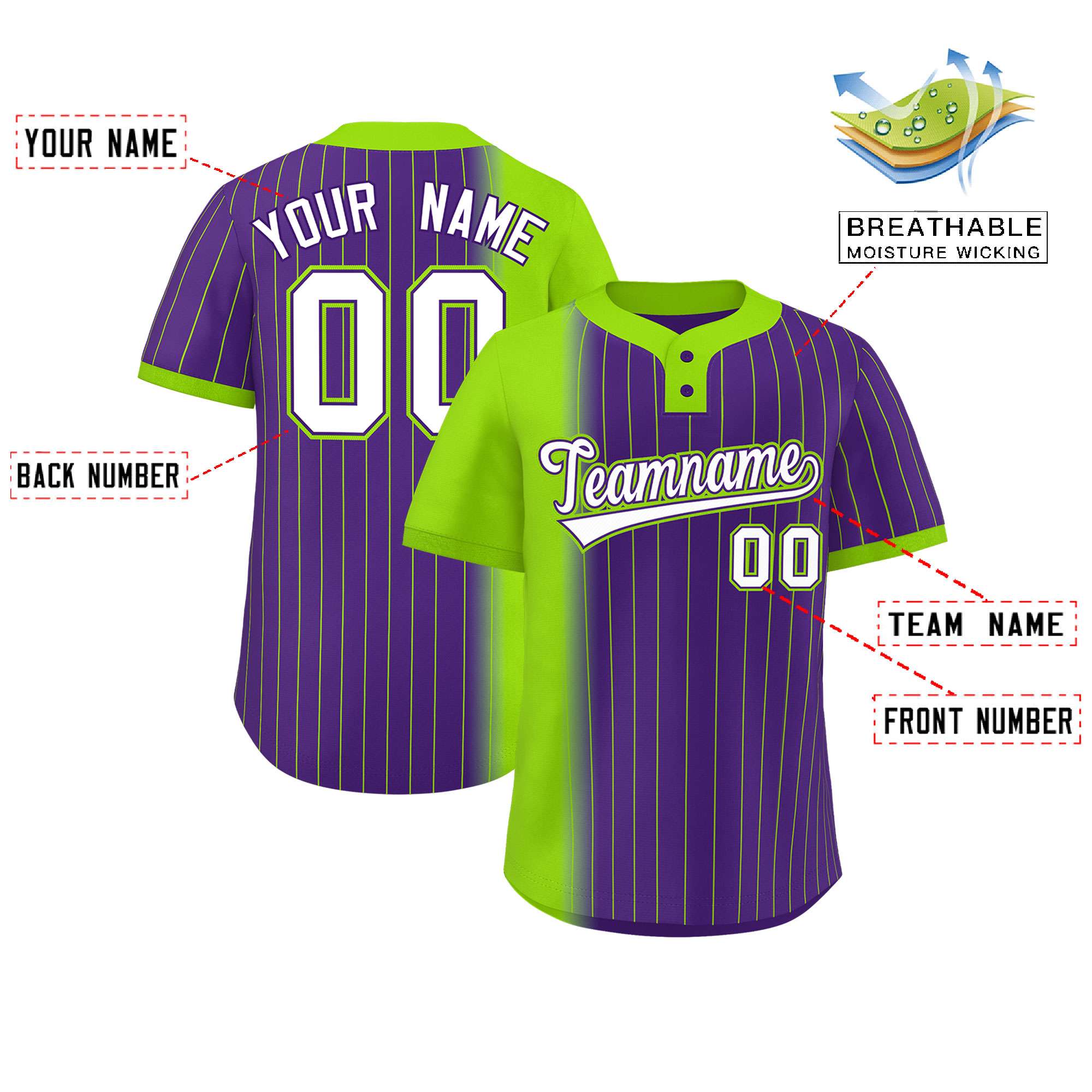 Custom Neon Green Purple Gradient Stripe Fashion Authentic Two-Button Softball Jersey