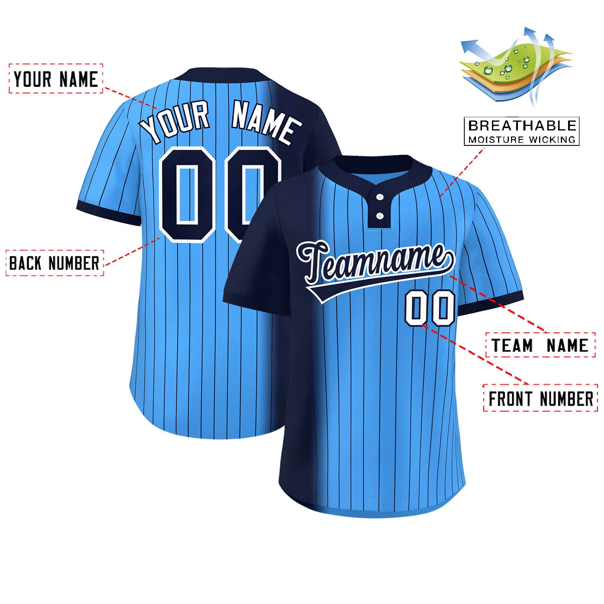 Custom Navy Powder Blue Gradient Stripe Fashion Authentic Two-Button Softball Jersey