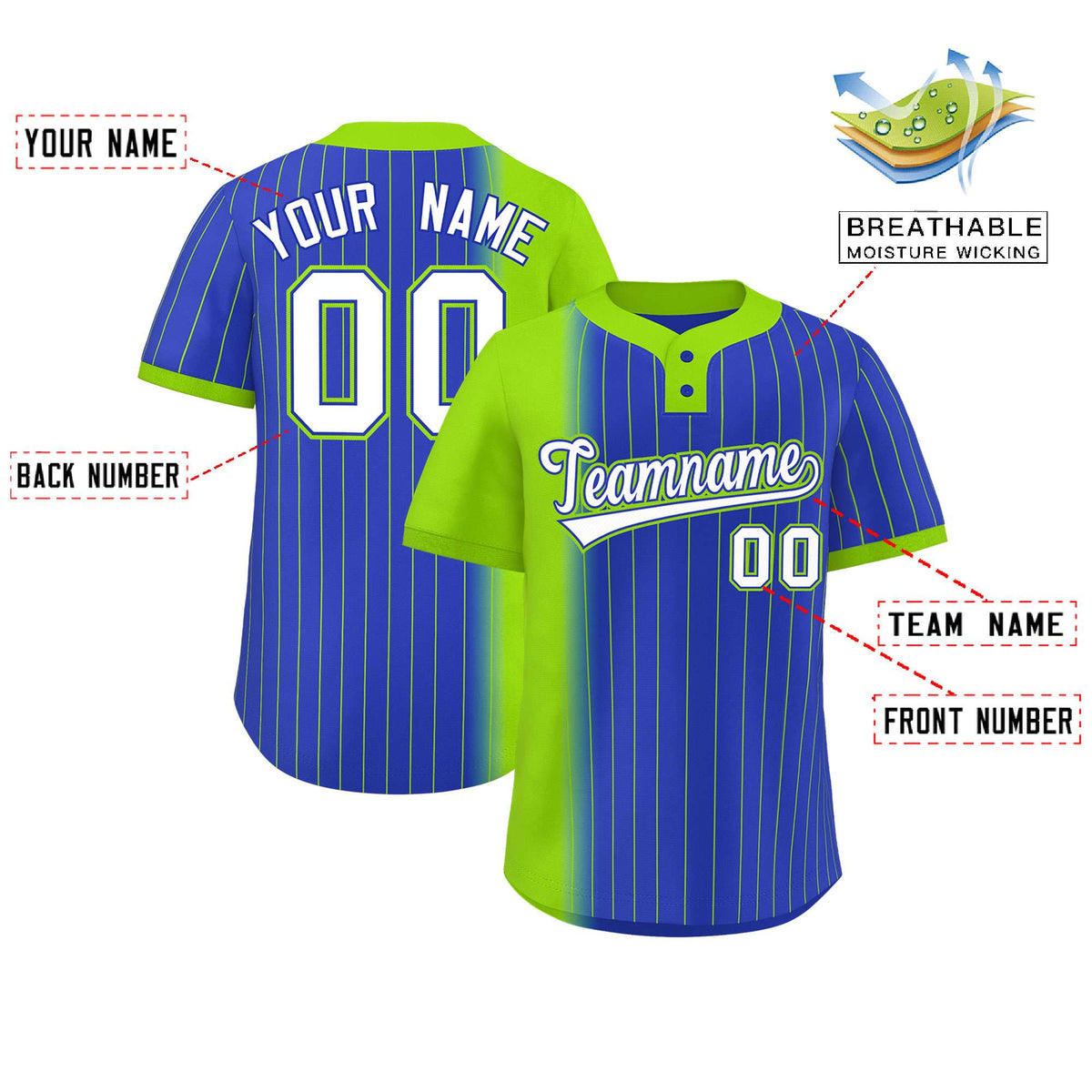 Custom Neon Green Royal Gradient Stripe Fashion Authentic Two-Button Softball Jersey