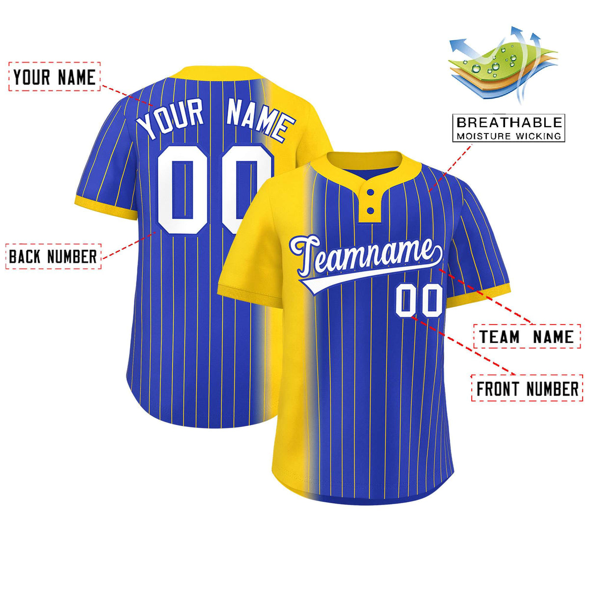 Custom Gold Royal Gradient Stripe Fashion Authentic Two-Button Softball Jersey