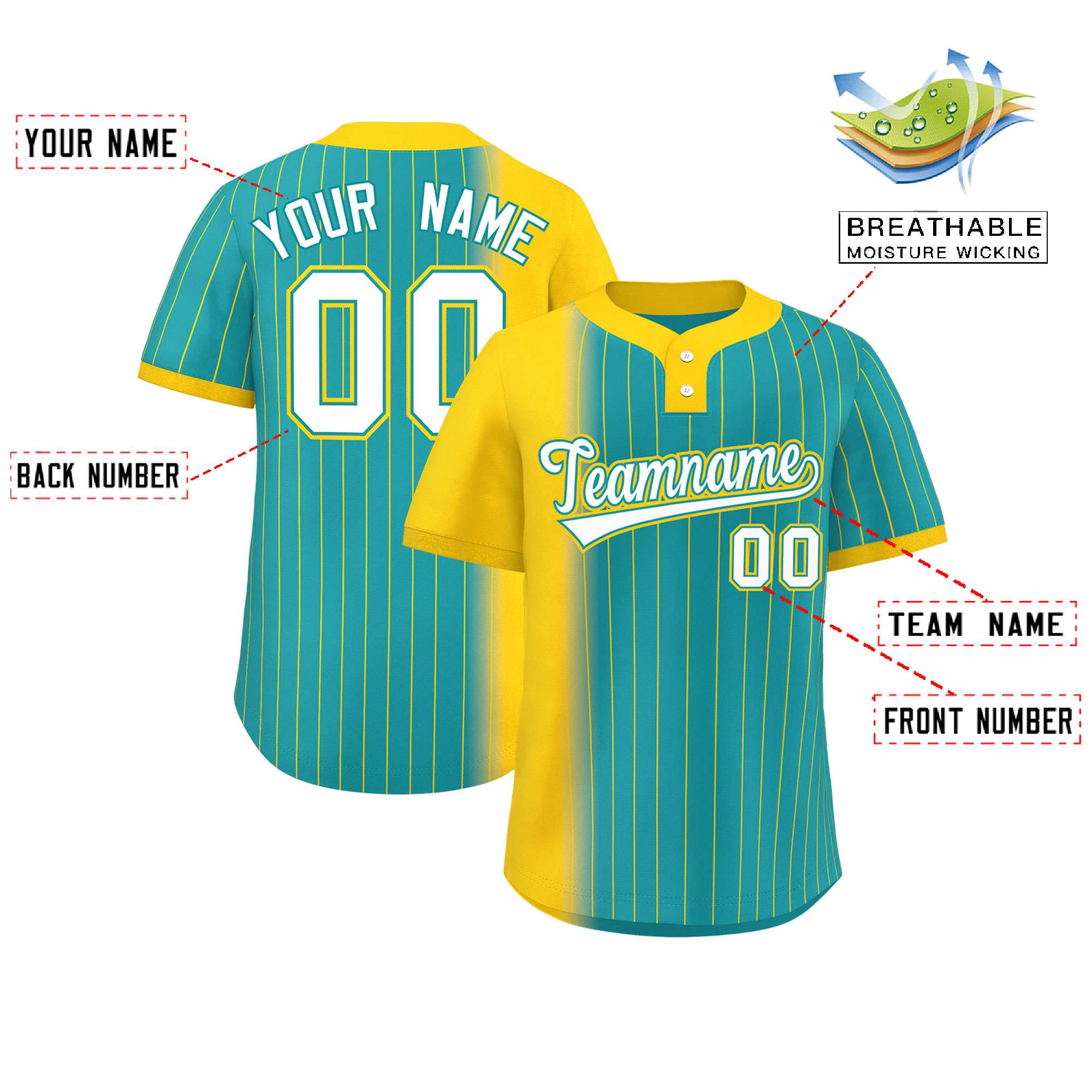 Custom Gold Aqua Gradient Stripe Fashion Authentic Two-Button Softball Jersey