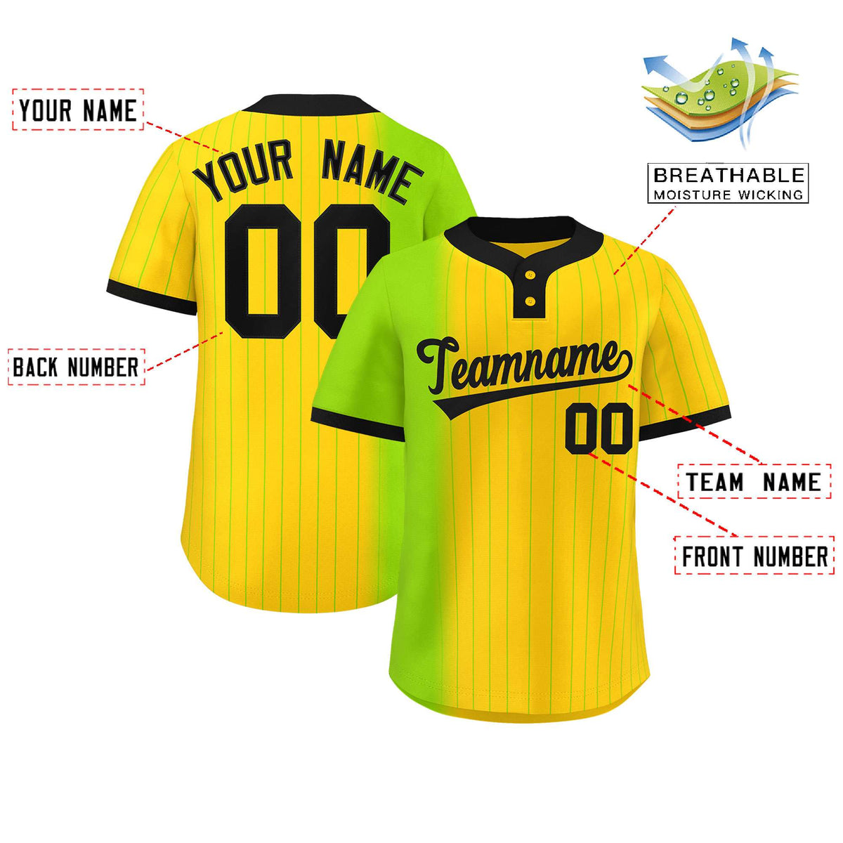 Custom Neon Green Gold Gradient Stripe Fashion Authentic Two-Button Softball Jersey