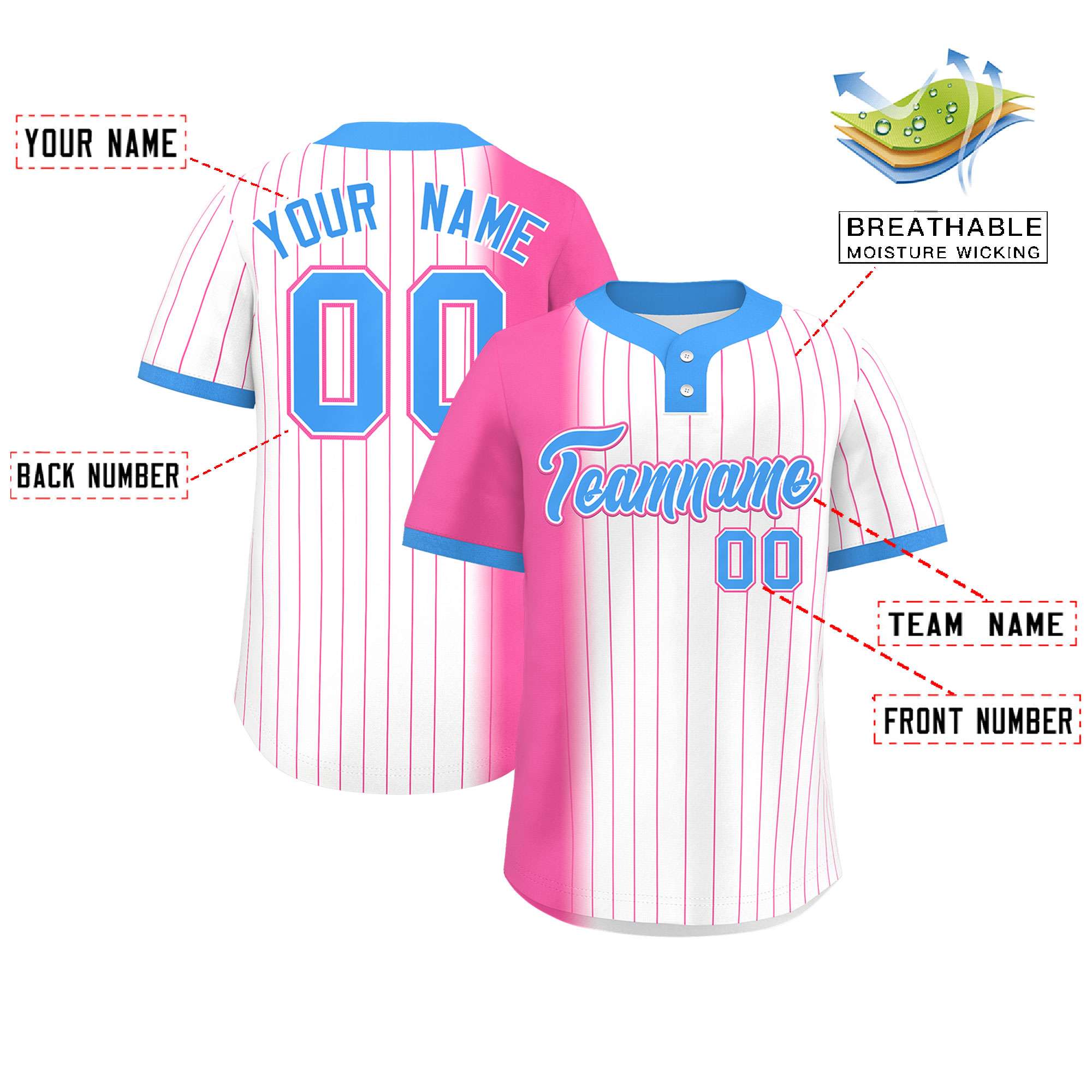 Custom Pink White-Powder Blue Gradient Stripe Fashion Authentic Two-Button Softball Jersey