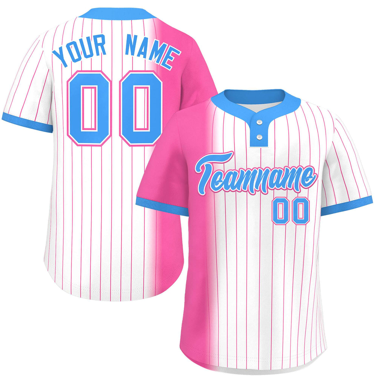 Custom Pink White-Powder Blue Gradient Stripe Fashion Authentic Two-Button Softball Jersey