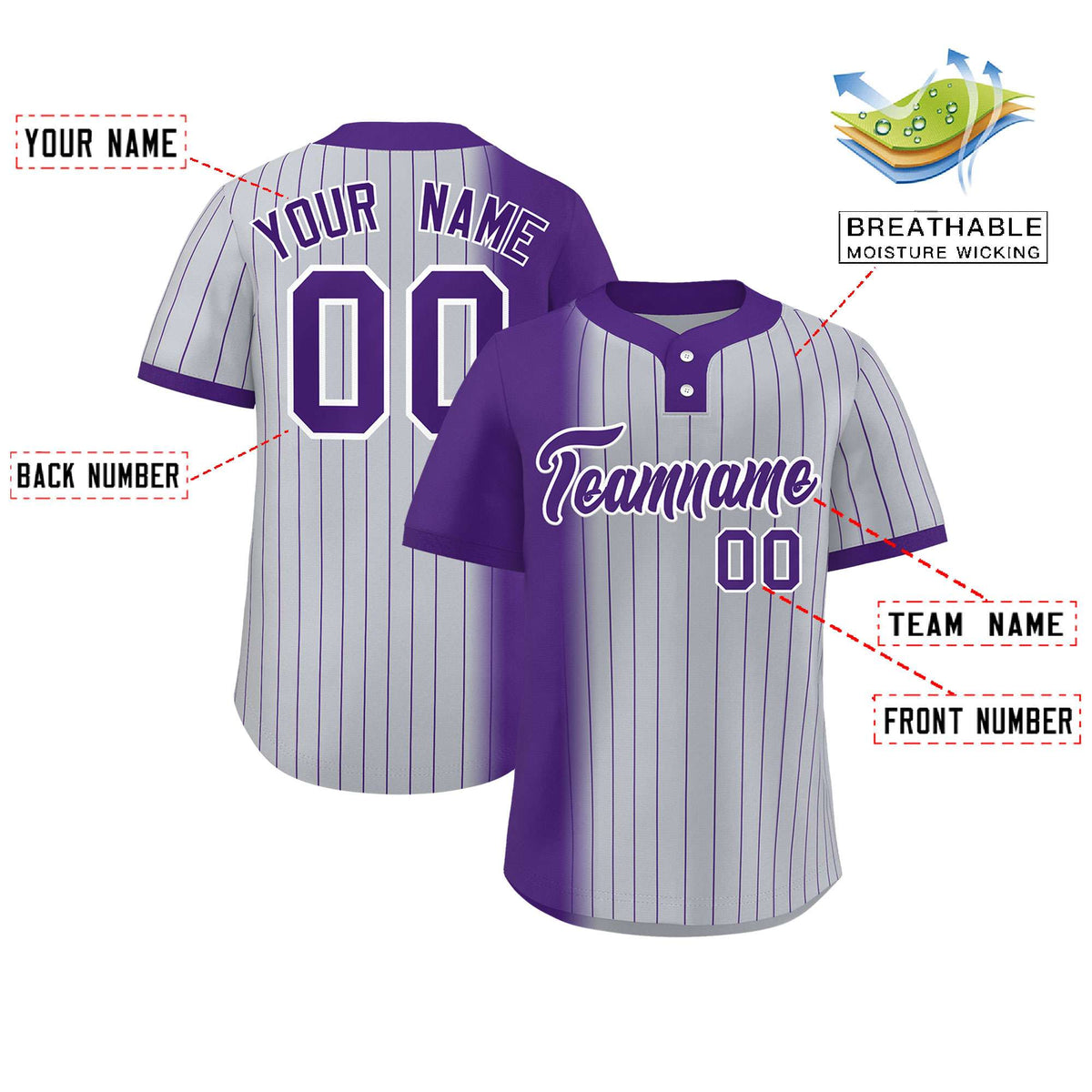 Custom Purple Gray Gradient Stripe Fashion Authentic Two-Button Softball Jersey