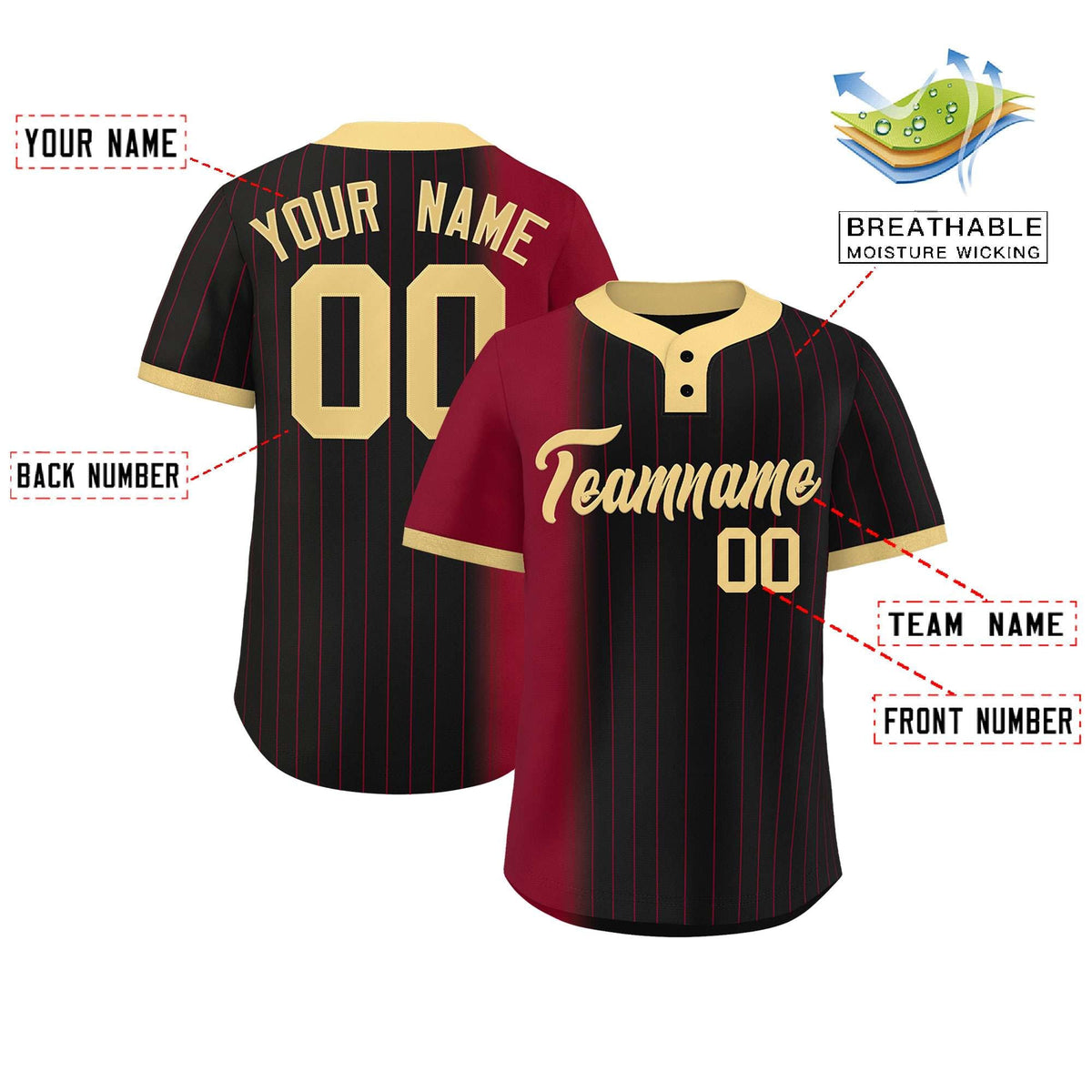 Custom Crimson Black-Khaki Gradient Stripe Fashion Authentic Two-Button Softball Jersey