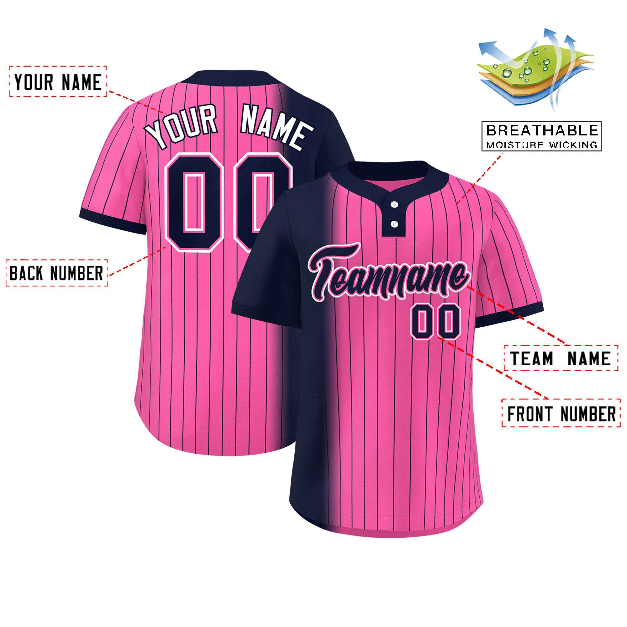 Custom Navy Pink Gradient Stripe Fashion Authentic Two-Button Softball Jersey
