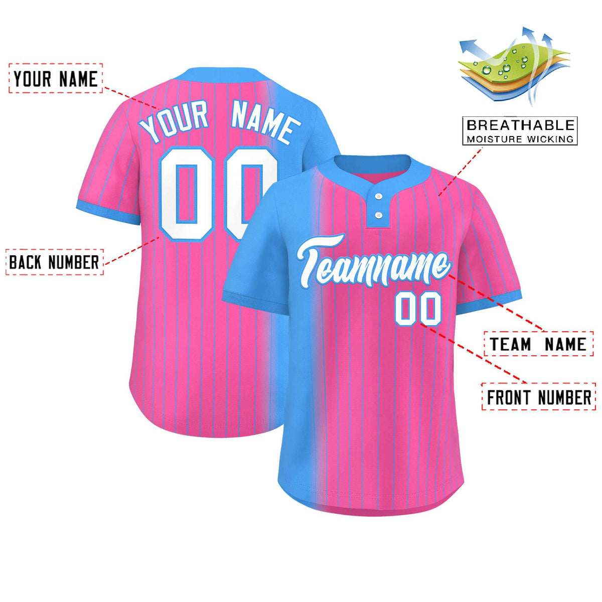Custom Powder Blue Pink Gradient Stripe Fashion Authentic Two-Button Softball Jersey
