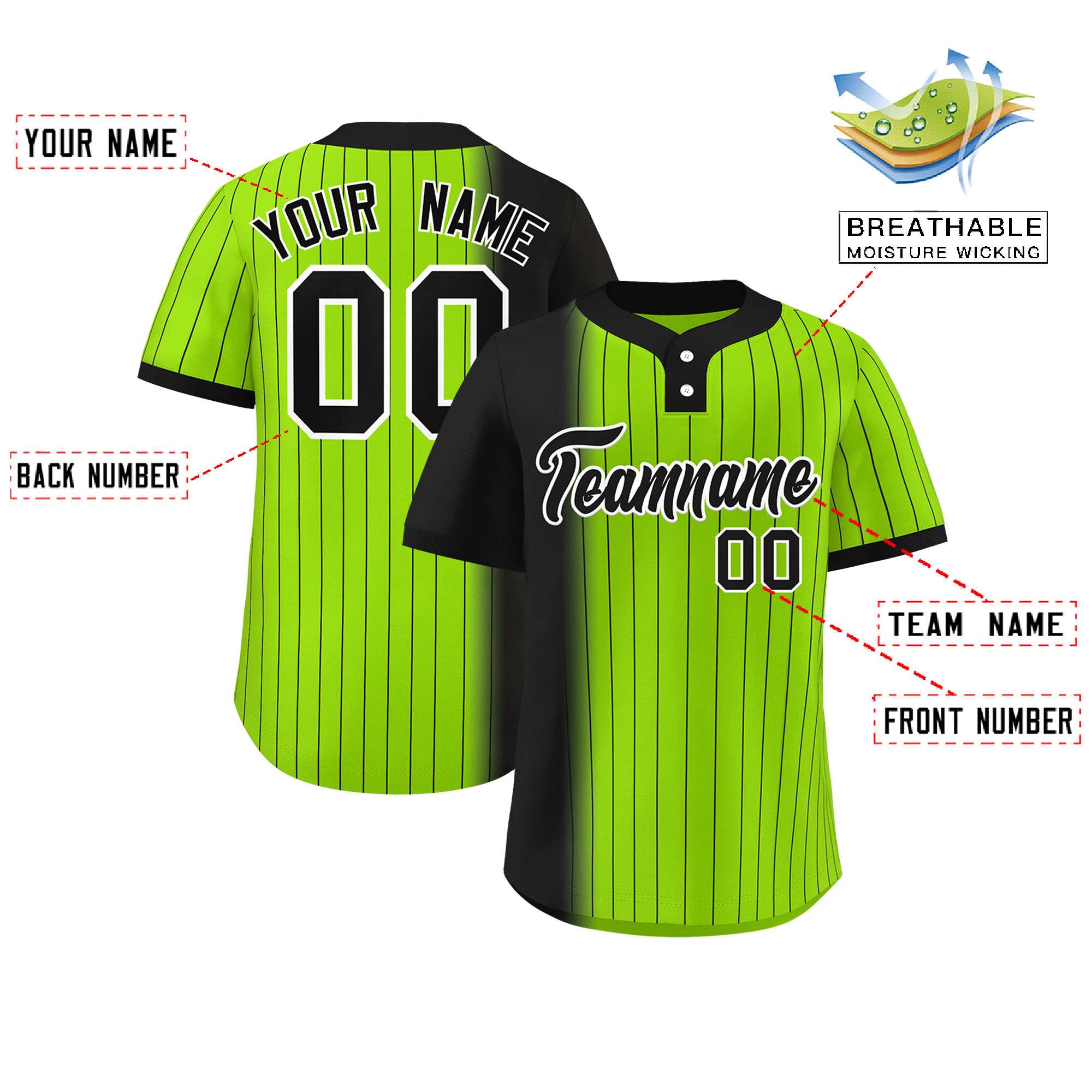 Custom Black Neon Green Gradient Stripe Fashion Authentic Two-Button Softball Jersey