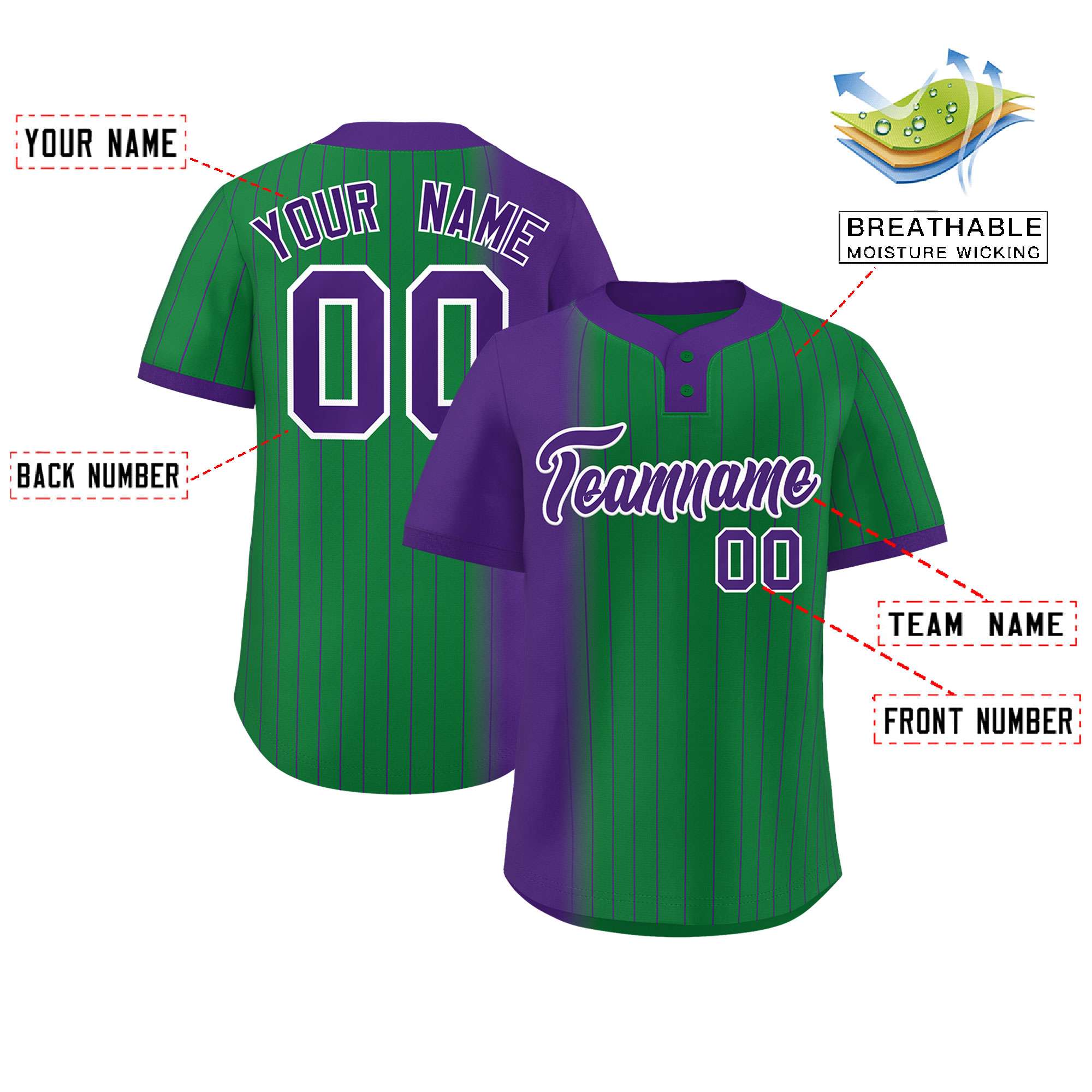Custom Purple Kelly Green Gradient Stripe Fashion Authentic Two-Button Softball Jersey
