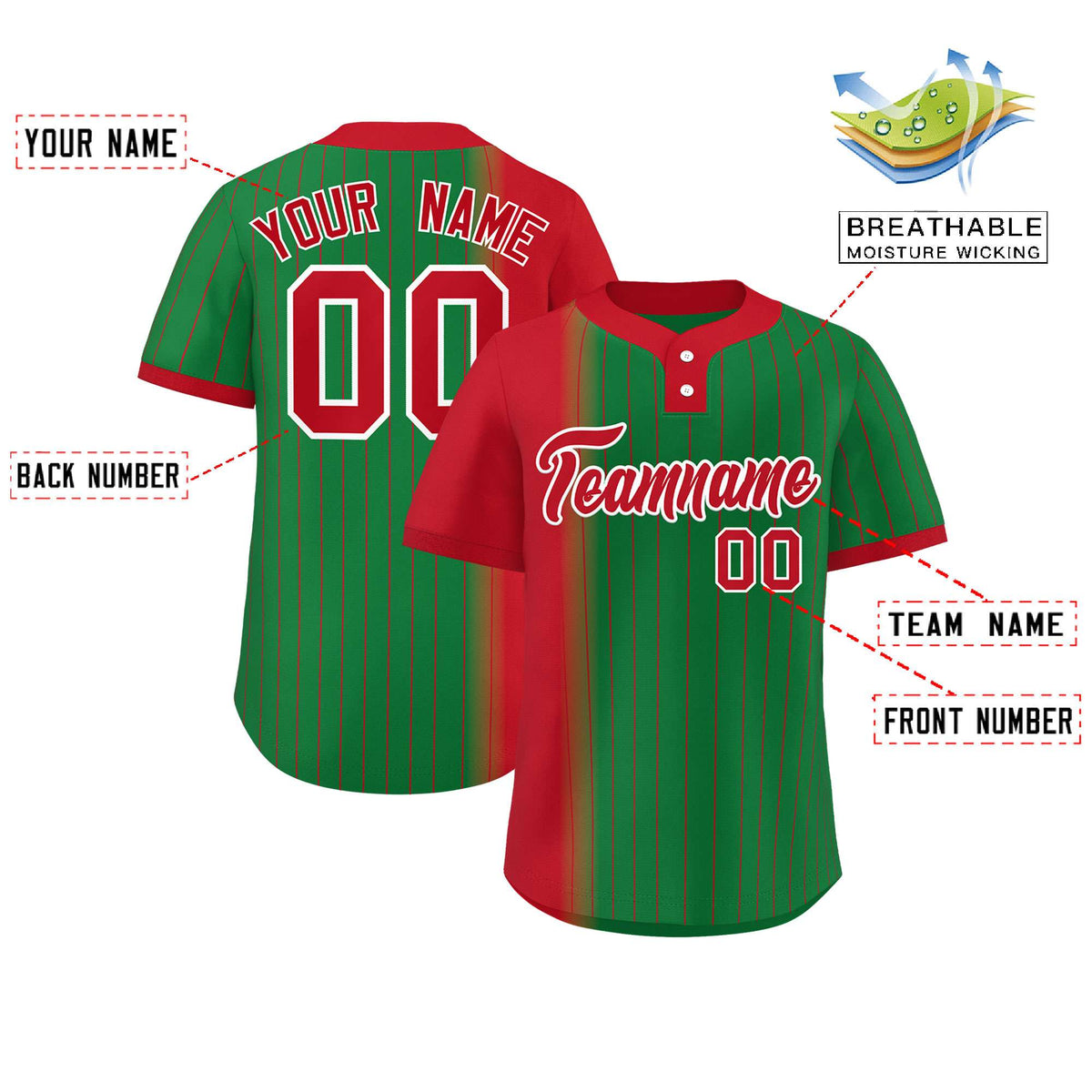 Custom Red Kelly Green Gradient Stripe Fashion Authentic Two-Button Softball Jersey