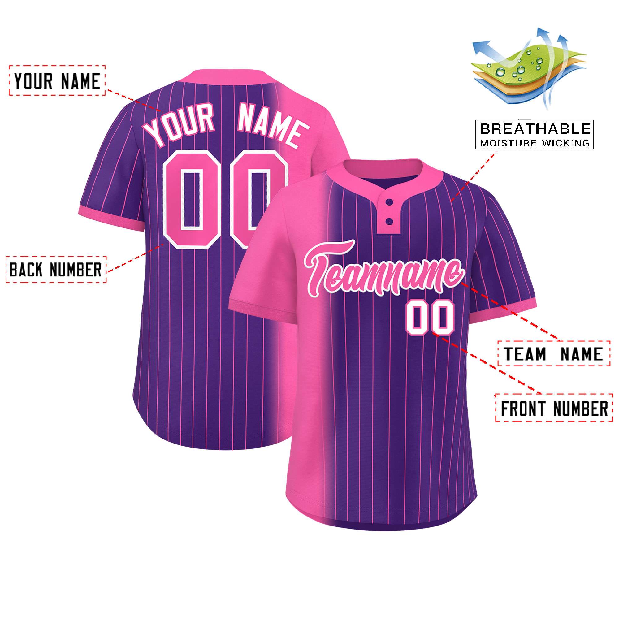 Custom Pink Purple Gradient Stripe Fashion Authentic Two-Button Softball Jersey