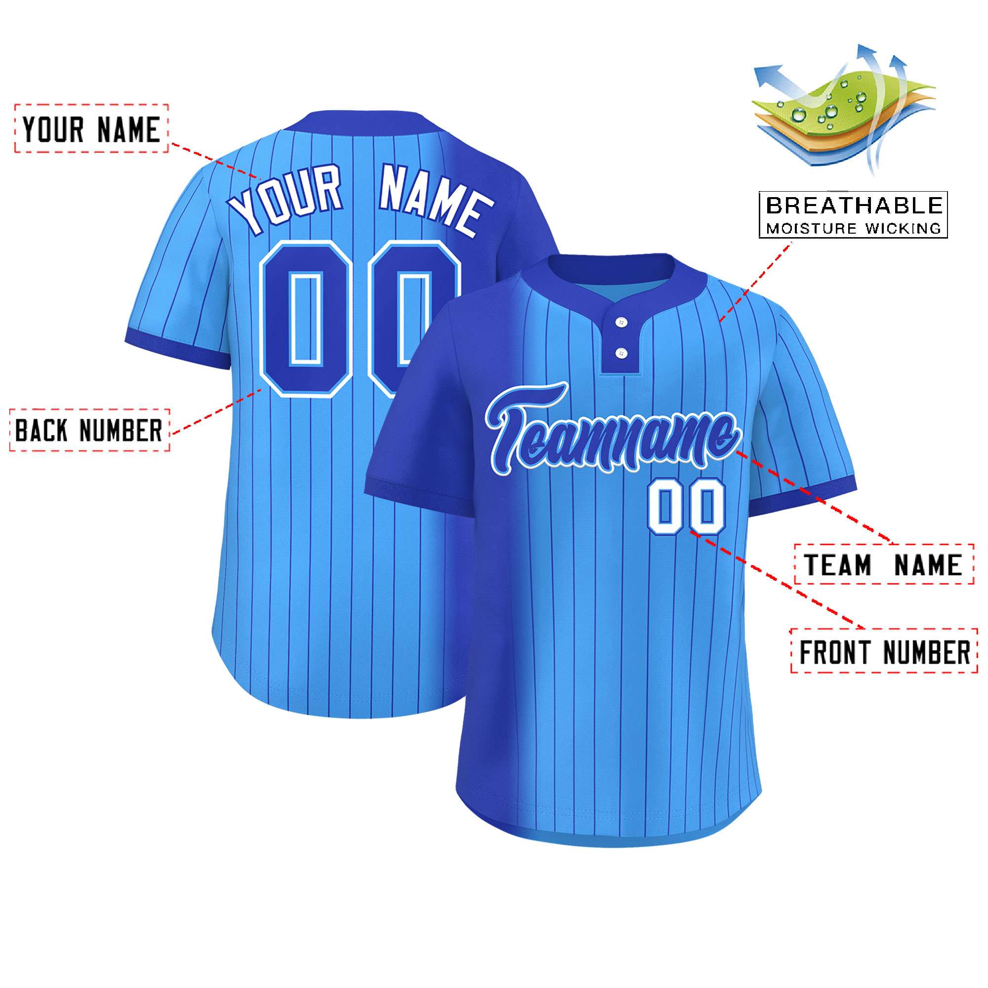 Custom Royal Powder Blue Gradient Stripe Fashion Authentic Two-Button Softball Jersey