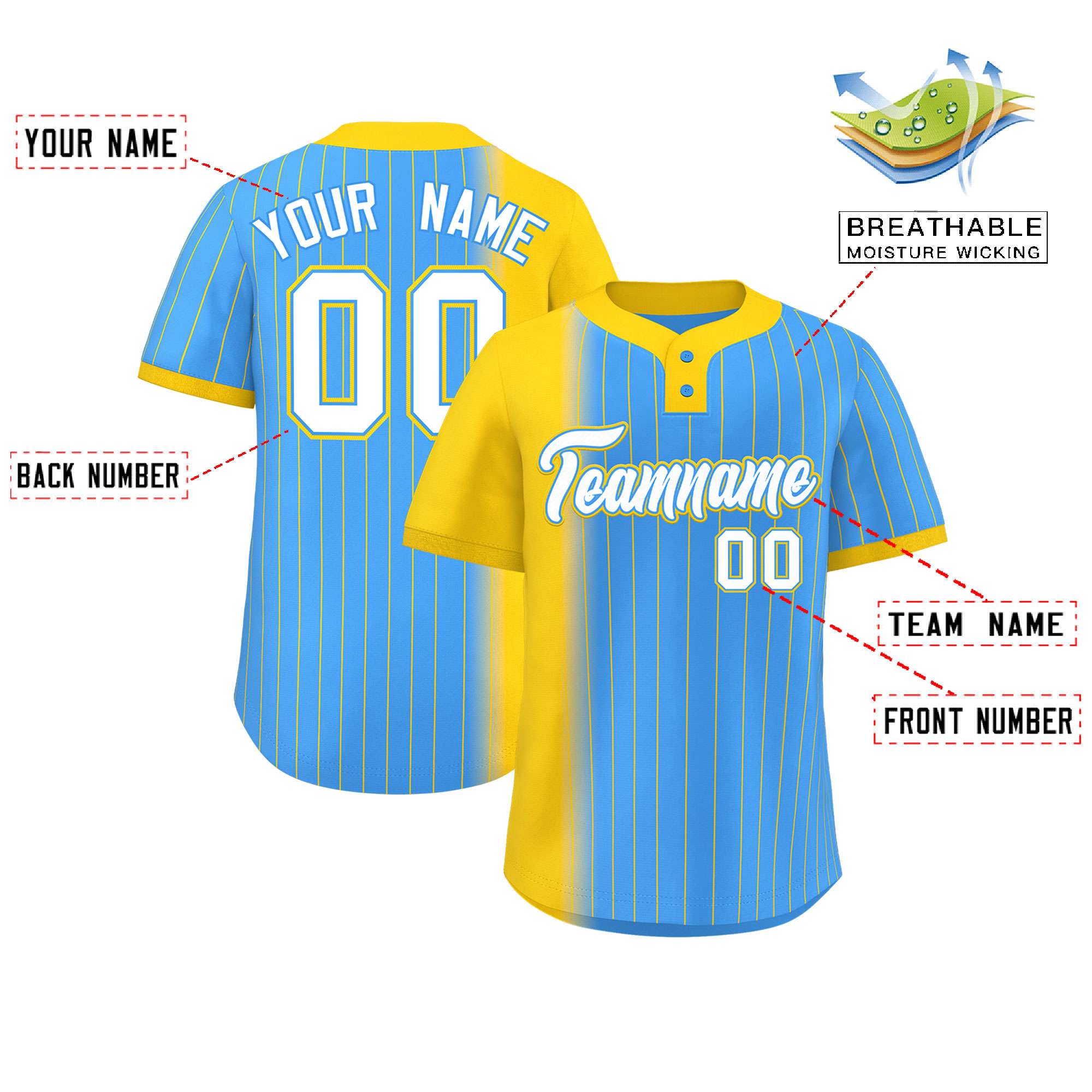 Custom Gold Powder Blue Gradient Stripe Fashion Authentic Two-Button Softball Jersey