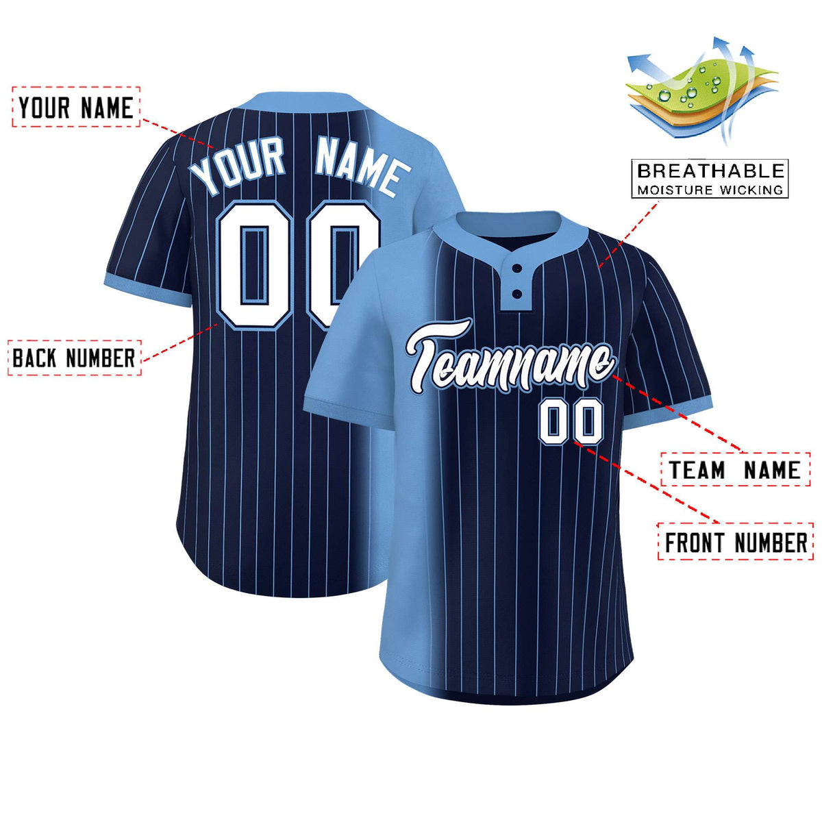 Custom Light Blue Navy Gradient Stripe Fashion Authentic Two-Button Softball Jersey