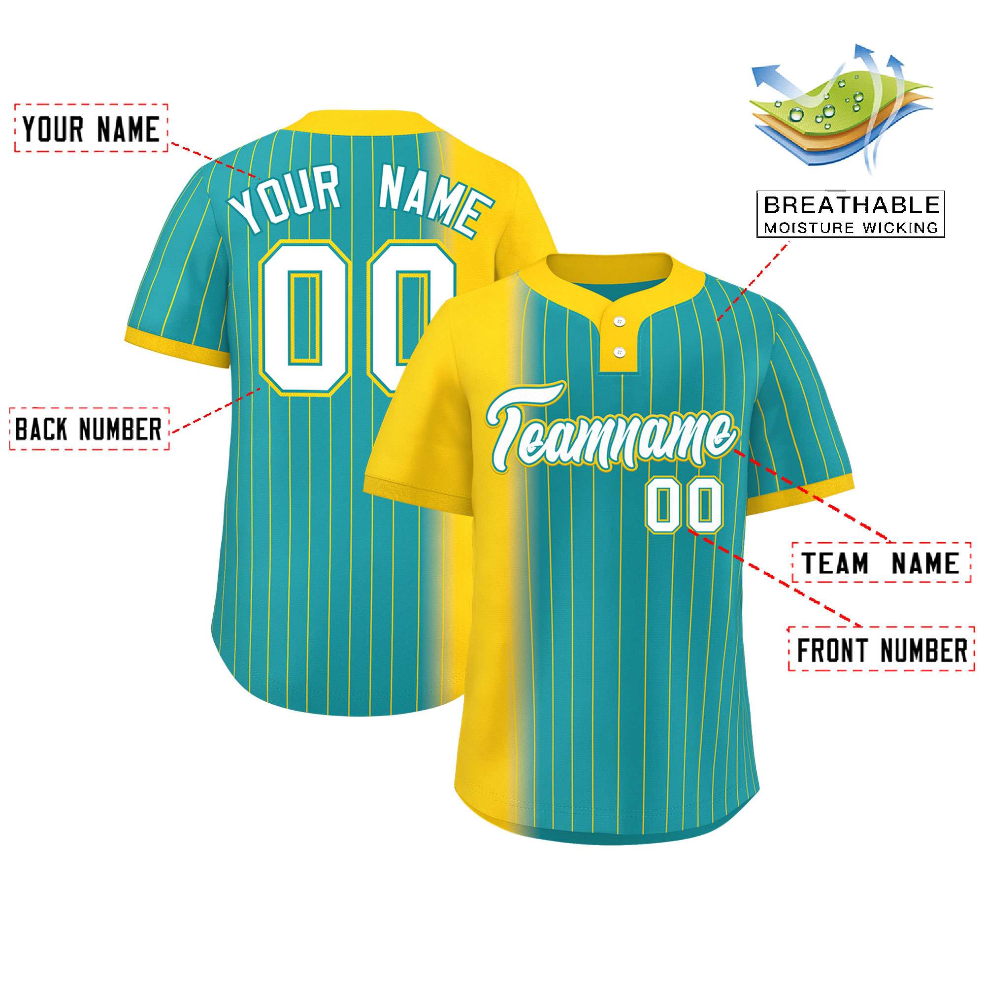 Custom Gold Aqua Gradient Stripe Fashion Authentic Two-Button Softball Jersey