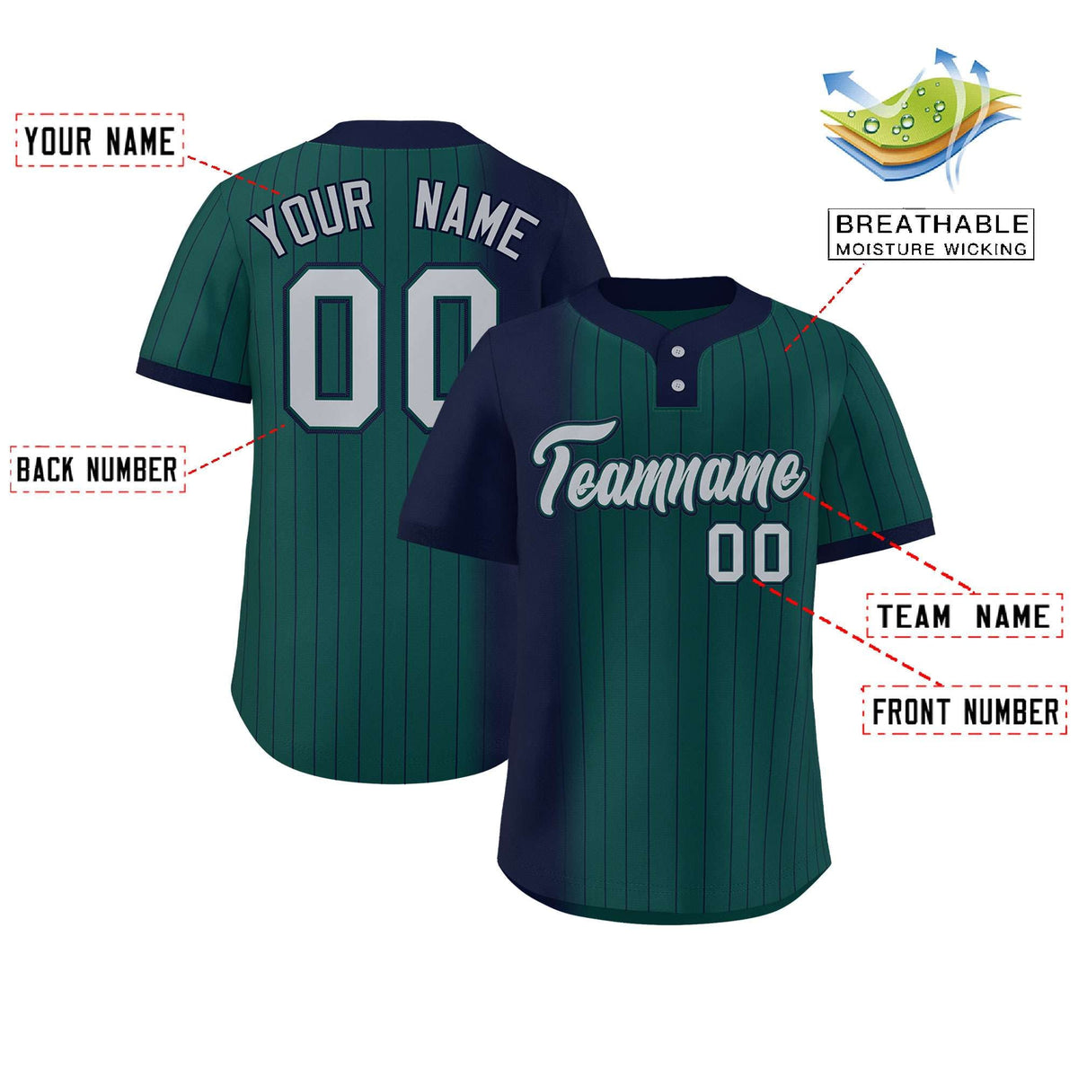 Custom Navy Midnight Green Gradient Stripe Fashion Authentic Two-Button Softball Jersey