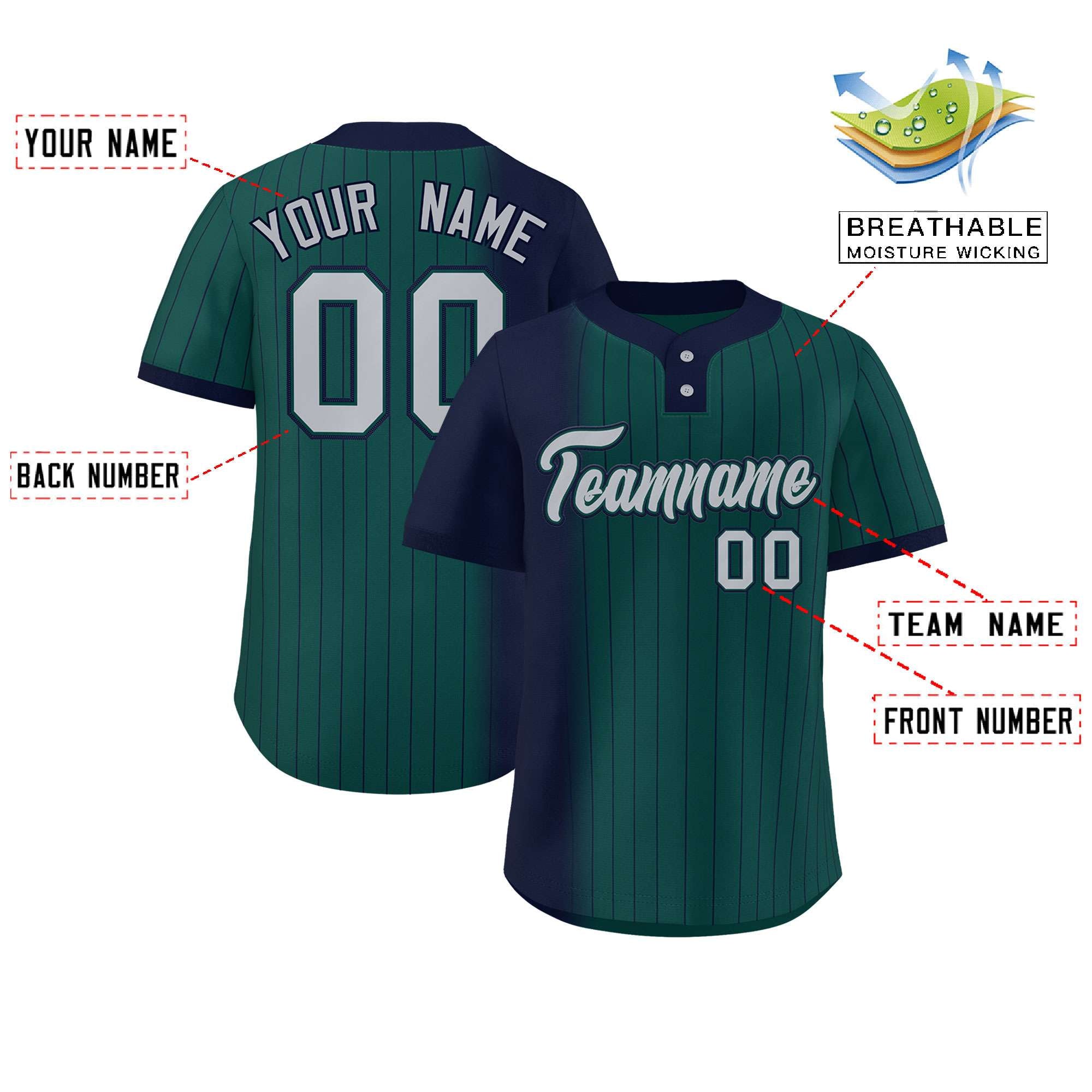 Custom Navy Midnight Green Gradient Stripe Fashion Authentic Two-Button Softball Jersey