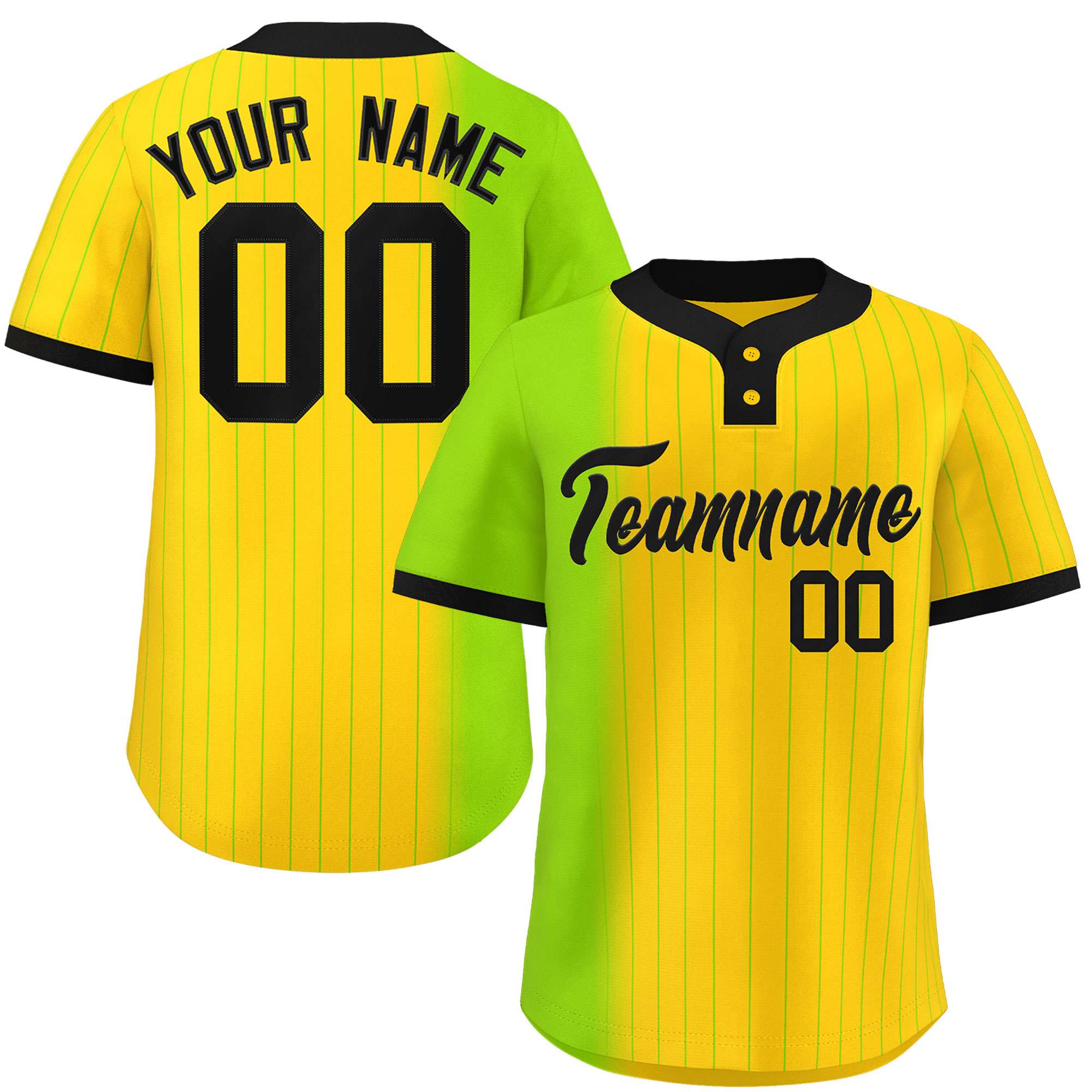 Custom Neon Green Gold Gradient Stripe Fashion Authentic Two-Button Softball Jersey