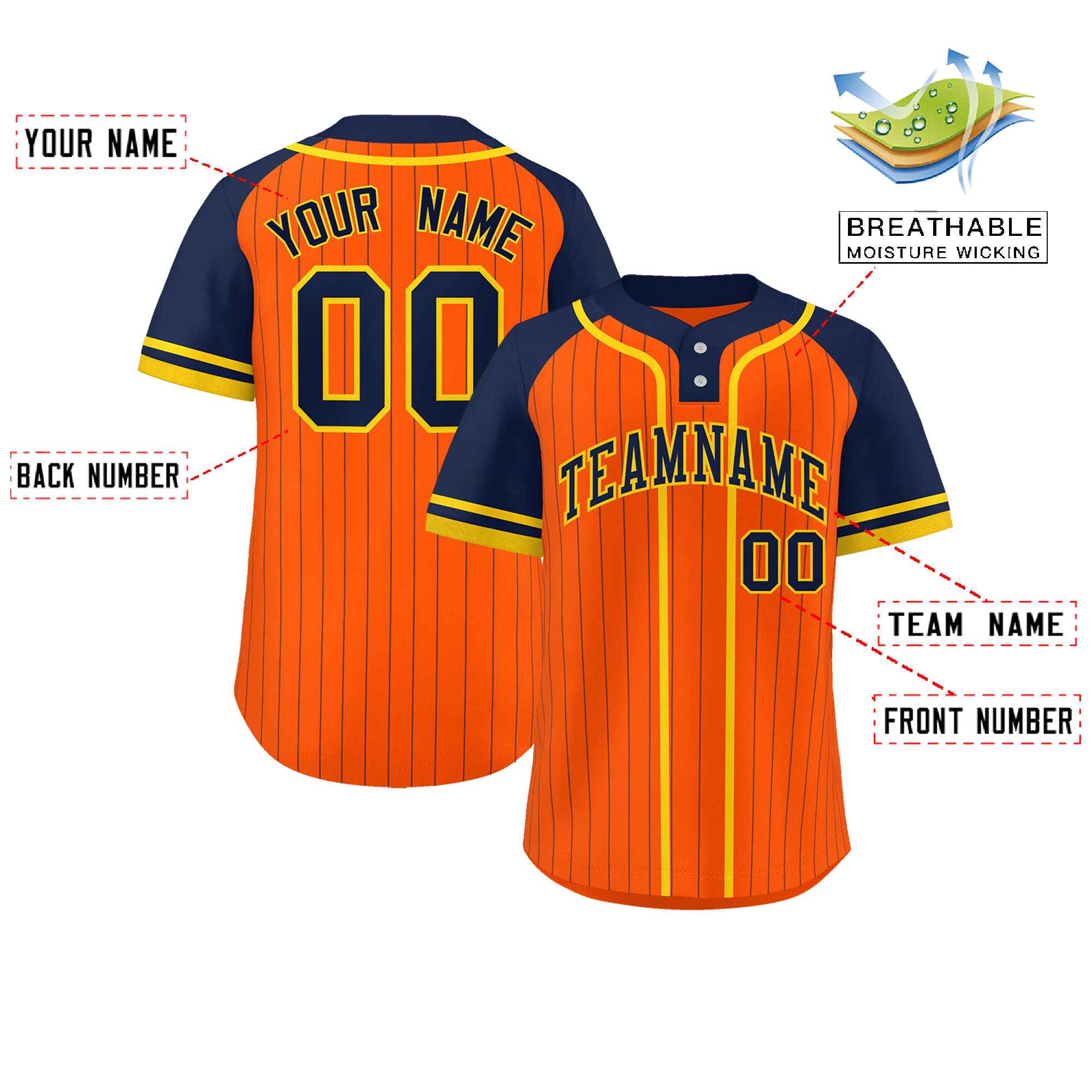 Custom Orange Navy-Gold Stripe Fashion Raglan Sleeves Authentic Two-Button Softball Jersey